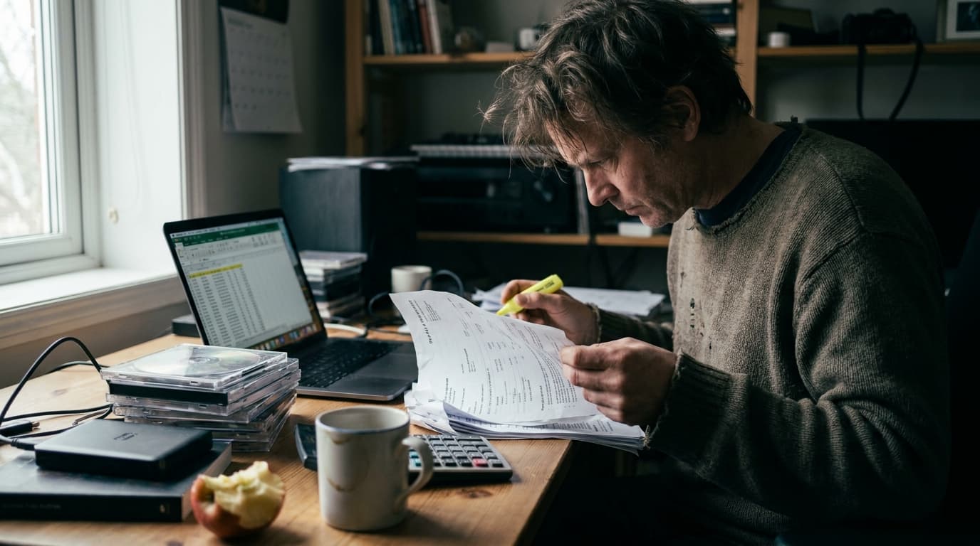 An independent artist at a kitchen table reading a printed distribution agreement with a magnifying glass beside a laptop and calculator, one clause highlighted in yellow, in soft afternoon window light.