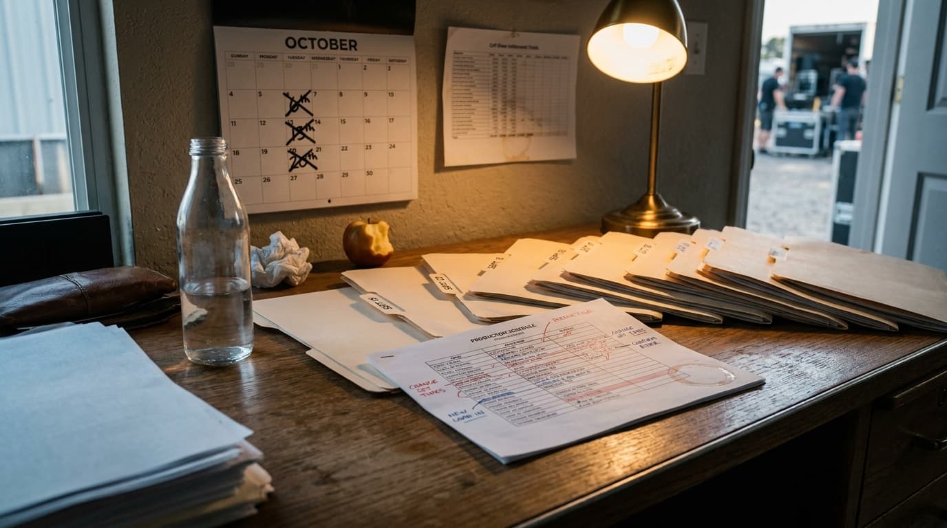 A festival promoter's office at the end of season: stacked manila settlement folders fanned across a worn oak desk, a marked-up production schedule with red and blue pencil annotations, a half-empty glass water bottle leaving a damp ring on the page corner, a desk calendar pinned to the wall with three tour dates crossed out in heavy black marker, a coffee-stained spreadsheet showing per-show settlement totals, a single warm desk lamp casting amber light over the paperwork, the faint suggestion of distant load-out outside the door, late afternoon.