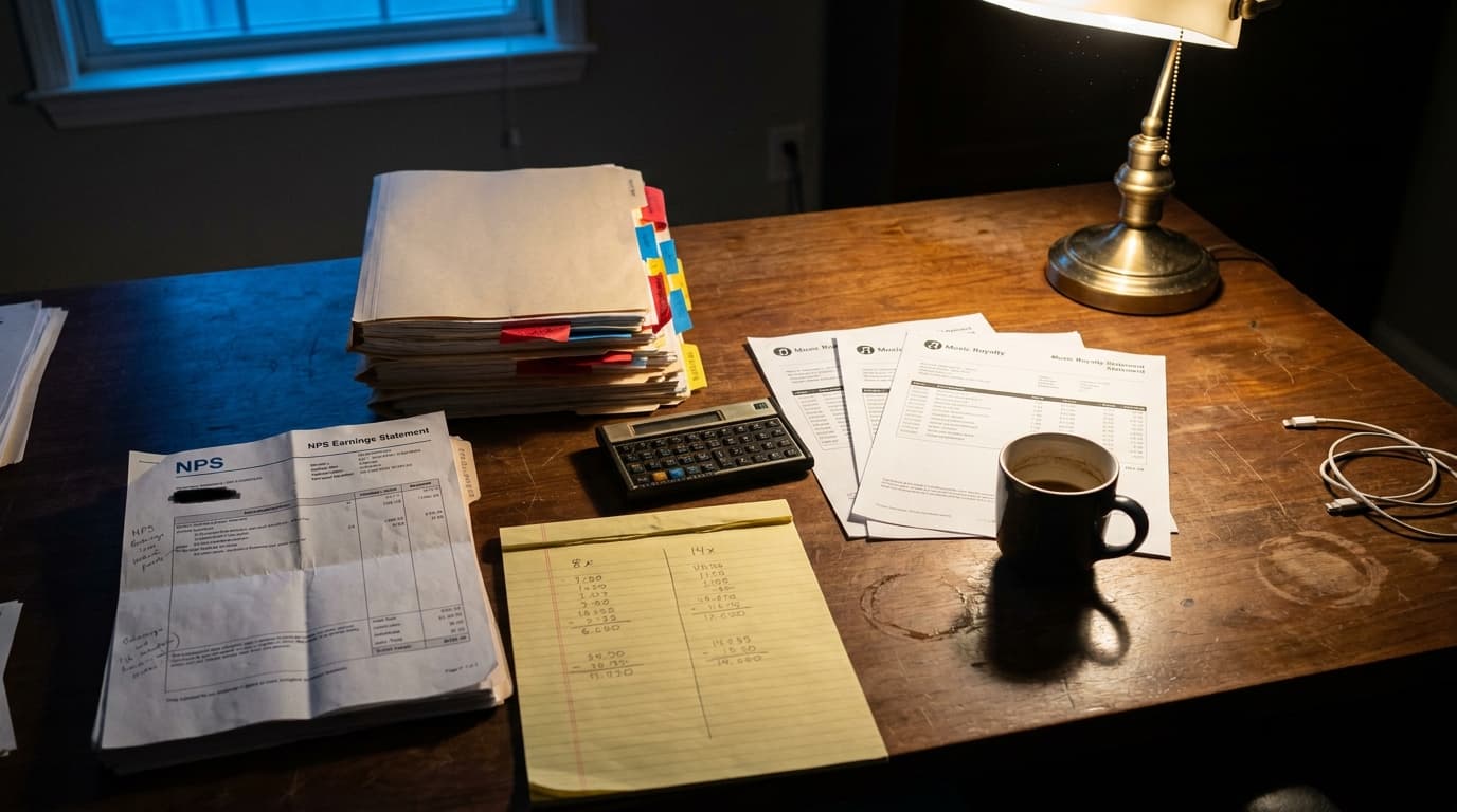 An M&A analyst's late-night desk reviewing a music catalog valuation memo: stacked deal binders flagged with colored tabs, an open NPS earnings statement with handwritten margin notes in pencil, a worn financial calculator, three printed years of royalty statements fanned out, a yellow legal pad with a multiple worked out in two columns, a half-full ceramic coffee mug, and a single warm desk lamp casting amber light across a worn walnut desk.