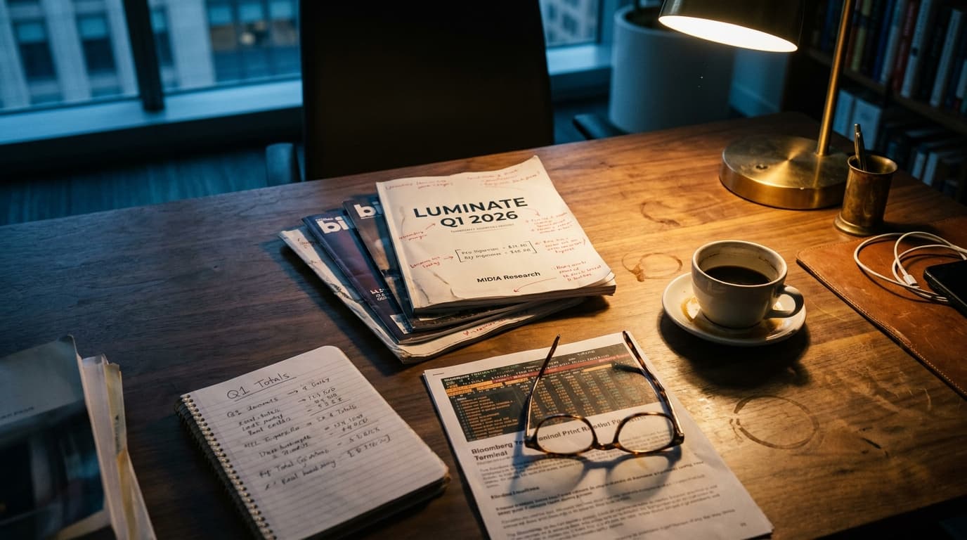 A financial analyst's desk at midnight: stacked printed Luminate, MIDiA Research, and Billboard quarterly reports with red-pen margin annotations and bracketed key figures, an open spiral notebook with handwritten Q1 totals, a pair of reading glasses resting on a Bloomberg Terminal printout, a half-empty mug of black coffee, and a single warm desk lamp casting amber light across worn walnut.