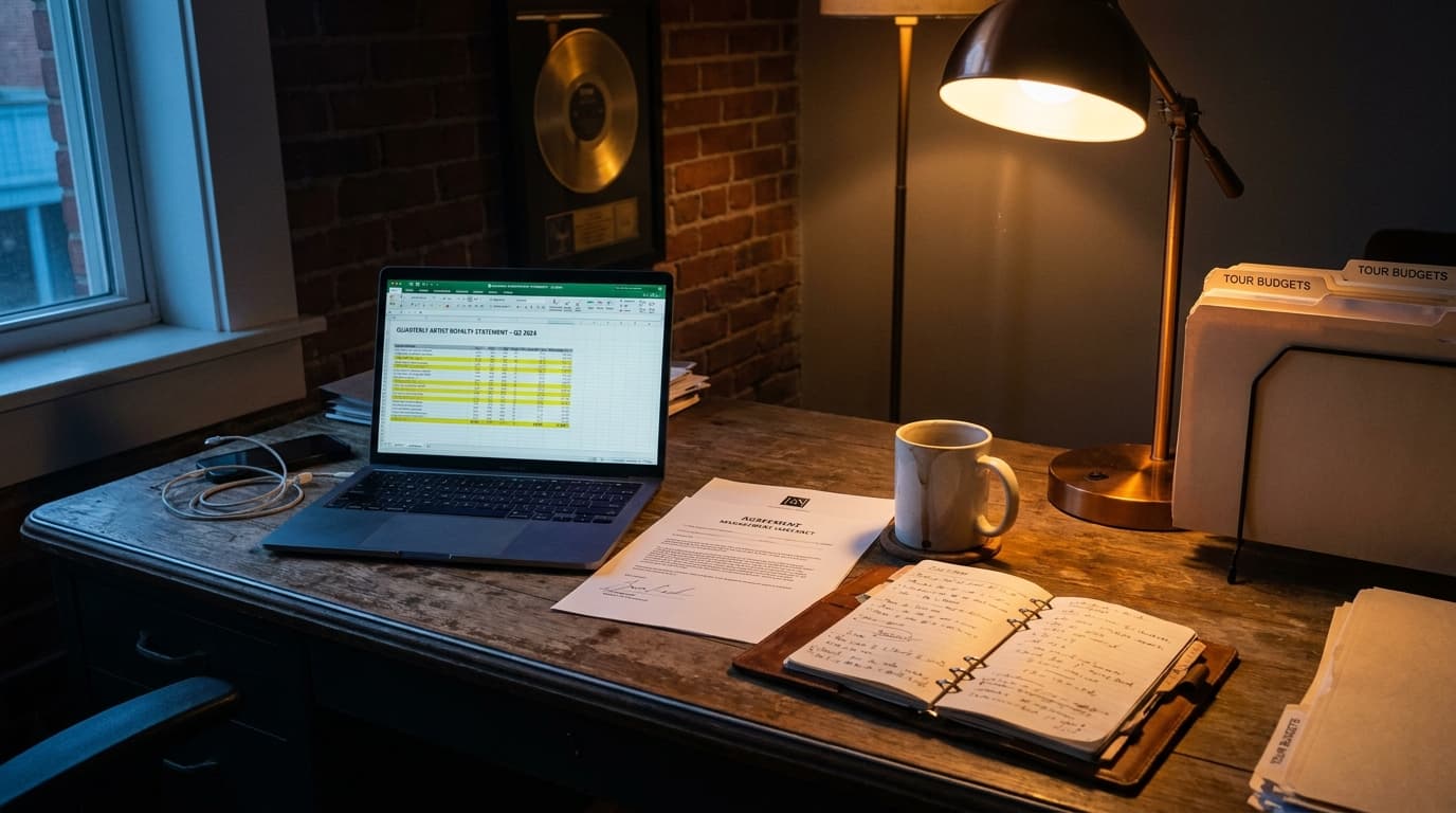 A music manager's office at dusk: open laptop showing a quarterly artist royalty statement with highlighted line items, a signed management agreement on letterhead, a half-empty coffee mug with a coaster ring, a framed gold record on the brick wall behind, and a single warm desk lamp casting shadow across stacked tour budgets and a worn leather notebook.