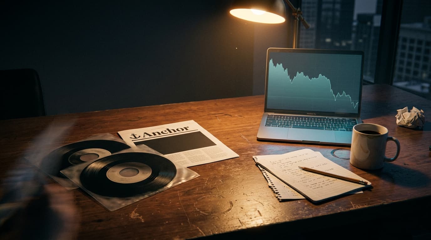 A dimly lit office desk at night: a printed Royal.io shutdown announcement face-up on the desk, two physical 7-inch vinyl singles stacked beside it as the quiet comparison, an open MacBook displaying a generic crypto-style downward chart silhouette, a half-finished mug of coffee with a cold ring around the rim, a single warm-temperature desk lamp casting amber light across a worn walnut surface, scattered notebook with handwritten margin notes and a pencil resting across the page.