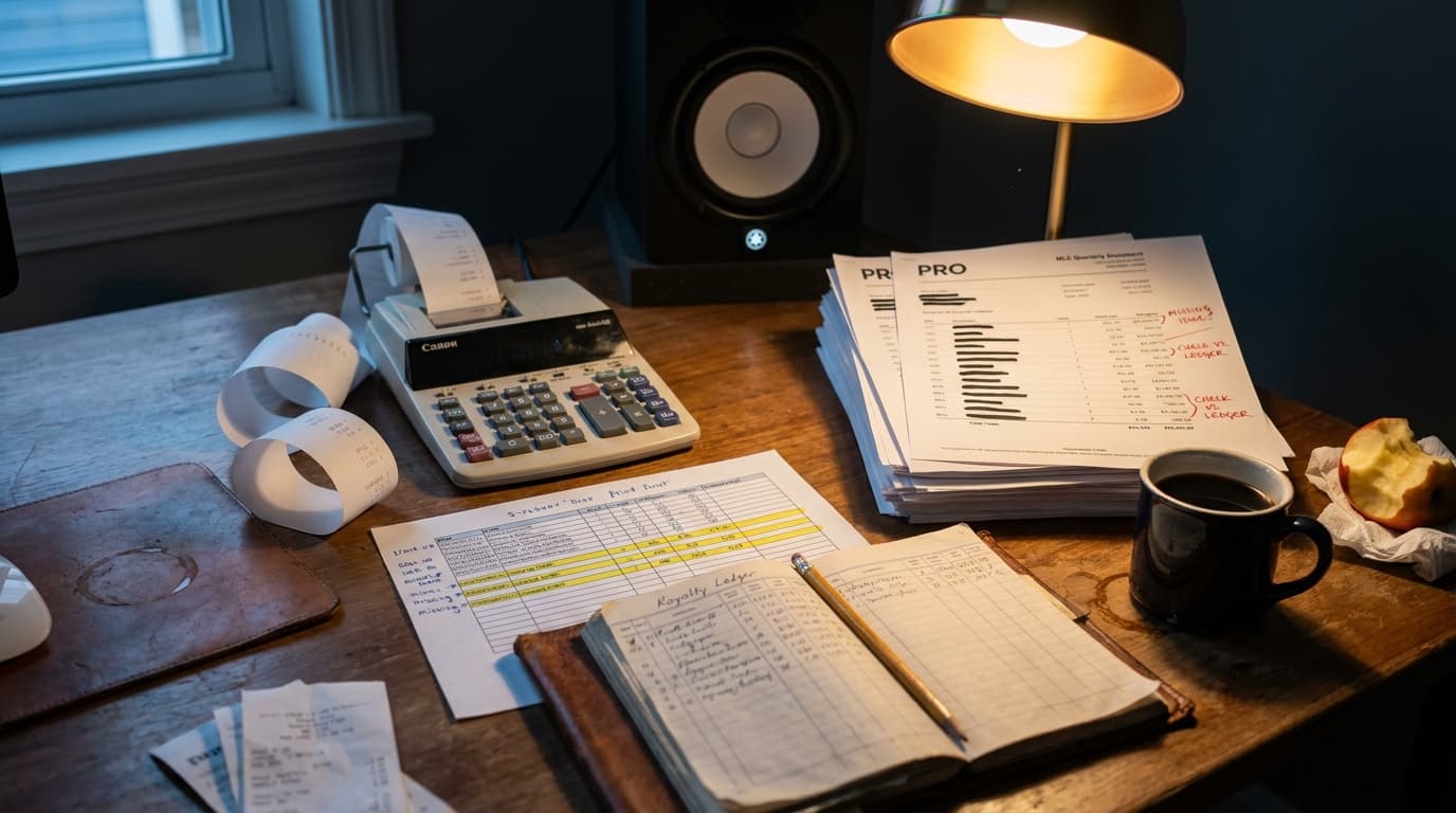 An independent songwriter's home-office desk at dusk: stacked PRO and MLC quarterly statements with handwritten margin notes in red pen, a desk calculator with a curling paper tape, a marked-up split-sheet spreadsheet printout with highlighter on missing ISWCs, a battered hardcover royalty ledger, a chipped ceramic mug of black coffee, a Yamaha HS5 monitor visible in the background, and a single warm desk lamp throwing amber light across a scuffed oak desk.