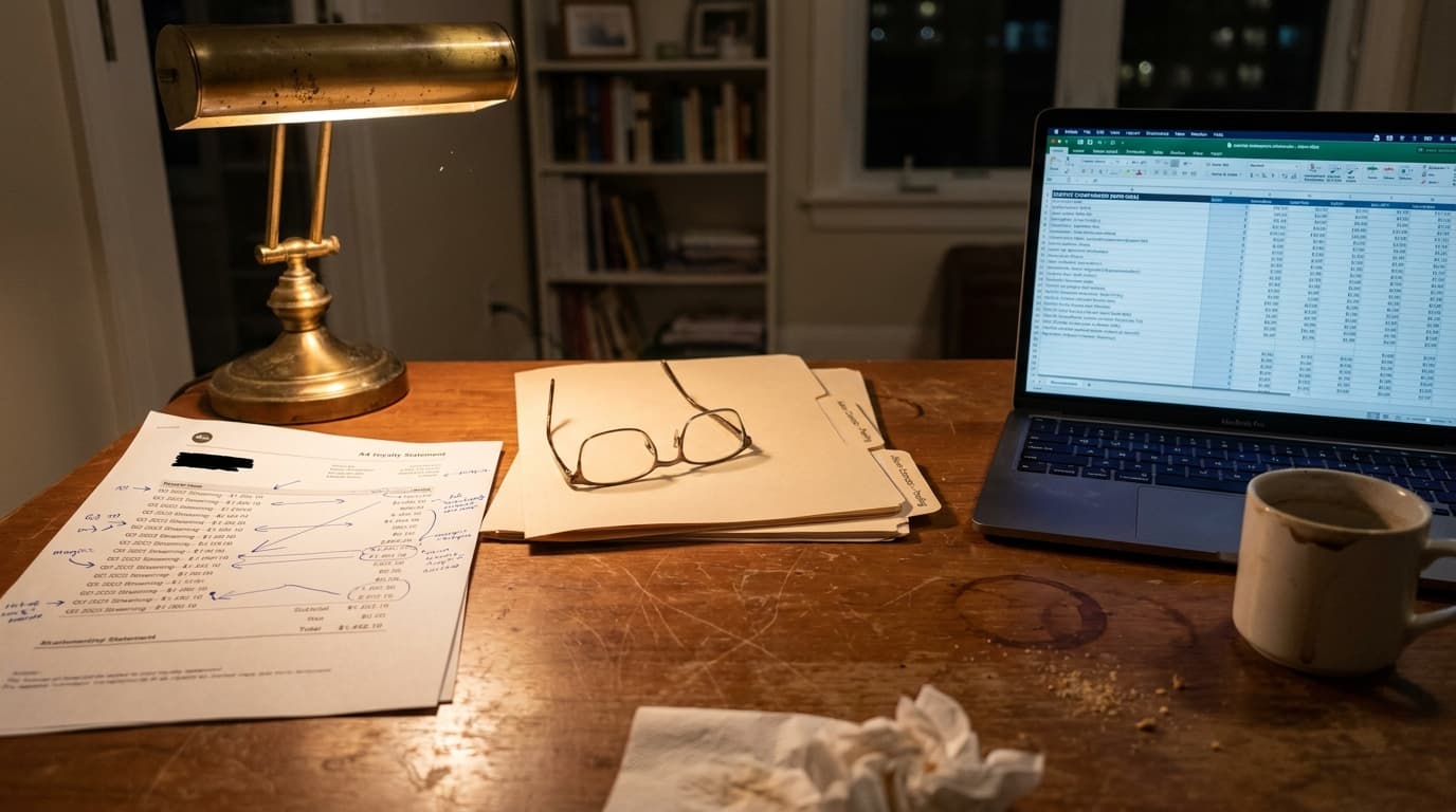 A music publishing administrator's evening desk: open laptop showing a side-by-side comparison spreadsheet of five publishing admin services, a printed quarterly royalty statement with handwritten margin notes, two stacked admin contracts, a coffee mug, and a small brass desk lamp casting warm light over weathered wood.