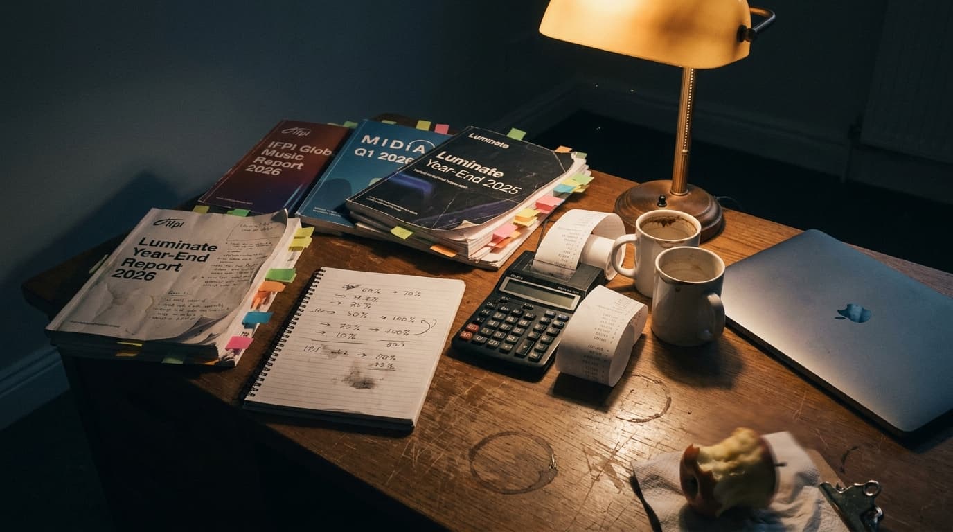 A music industry analyst's late-night desk: a stack of printed industry reports flagged with colored sticky tabs and pencil margin notes, an open spiral notebook with handwritten percentage figures and arrows, a basic desk calculator with a long receipt tape curled across the wood, two ceramic coffee mugs with cold rings, a closed laptop pushed to the side, and a single warm desk lamp casting amber light across a worn walnut surface in a quiet windowless office.