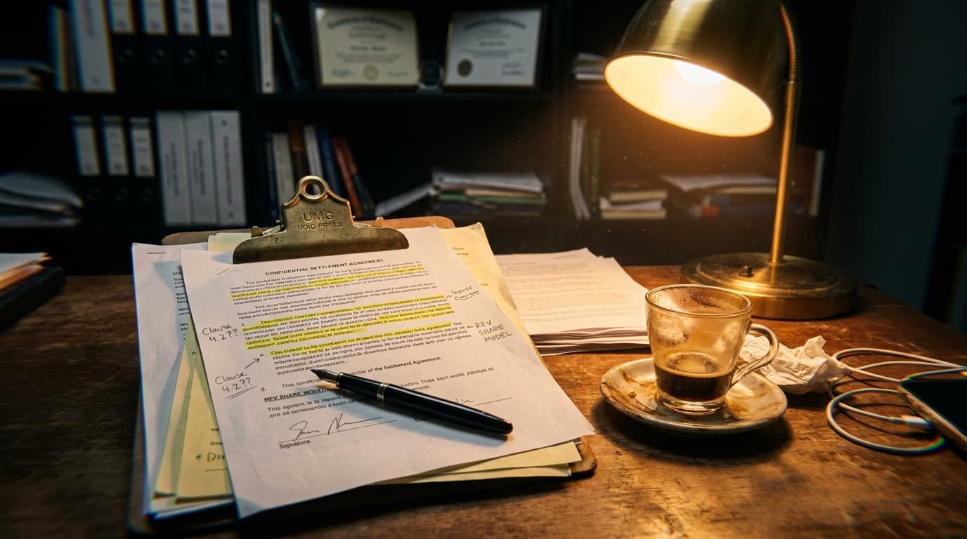 Editorial photo of a music attorney's late-night desk: a stack of Universal Music Group and Udio press releases pinned under a brass weight, a marked-up settlement document with yellow highlighter trails and pencil annotations in the margins, a black fountain pen resting across the signature line, a half-empty espresso cup on a saucer, and a single warm desk lamp casting amber light across worn walnut, the rest of the room dim.