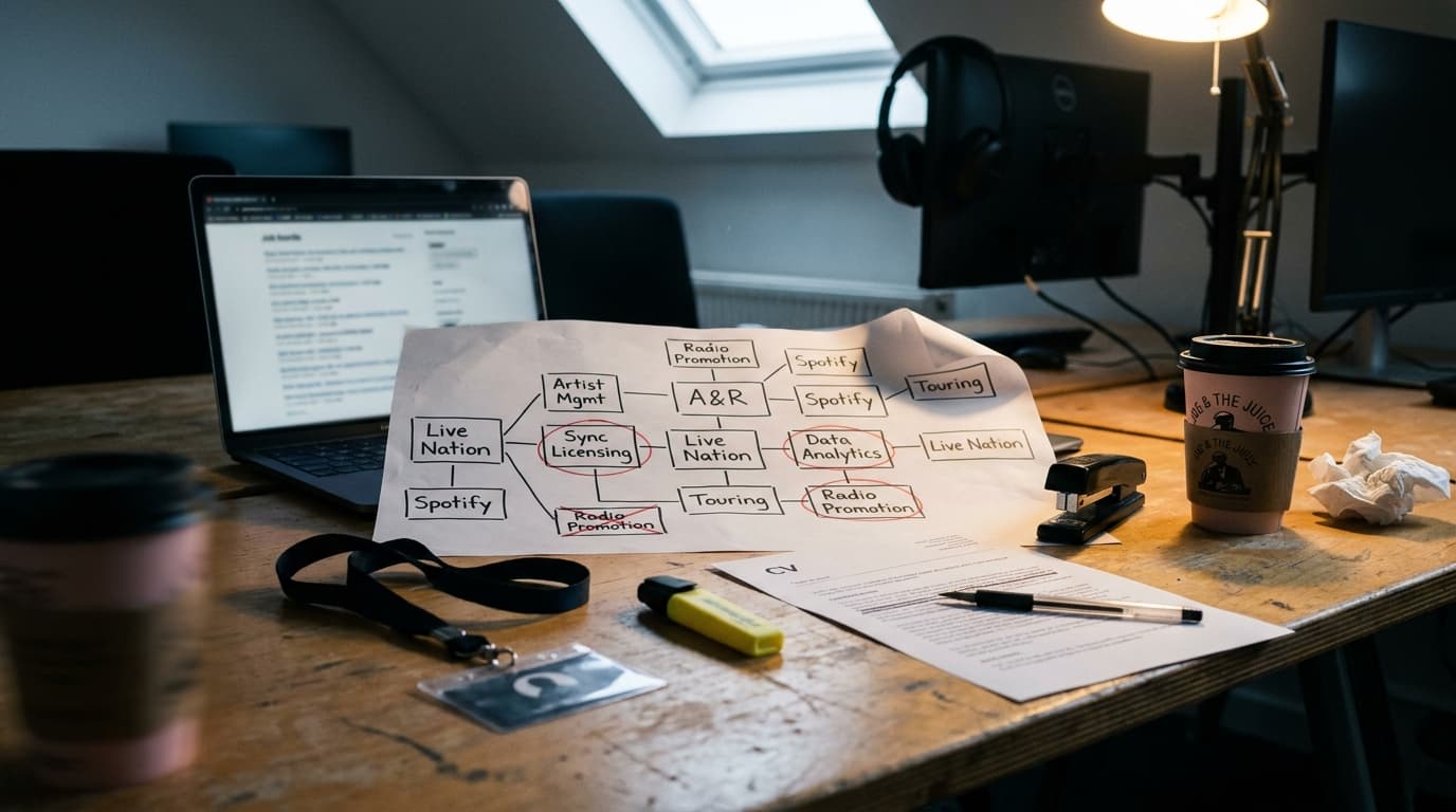 A workspace desk with a hand-drawn map of music industry roles on a large sheet, boxes for A&R, sync licensing, touring and data analytics with several circled in red, next to a laptop showing a job board, a printed CV, a highlighter and a lanyard.