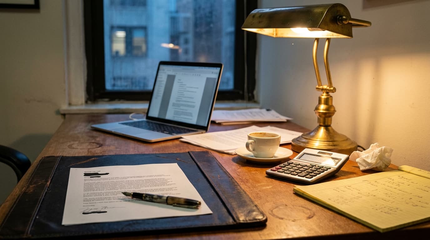 A music industry professional's small Manhattan office at twilight: a printed offer letter face-up on the desk with a fountain pen across the signature line, a salary worksheet on legal-pad paper covered in pencil math, a black calculator with the total still on the screen, a half-empty espresso in a small white cup, an open laptop angled away showing a muted PDF, and the warm amber of a single brass desk lamp catching the city dusk through a narrow window behind.