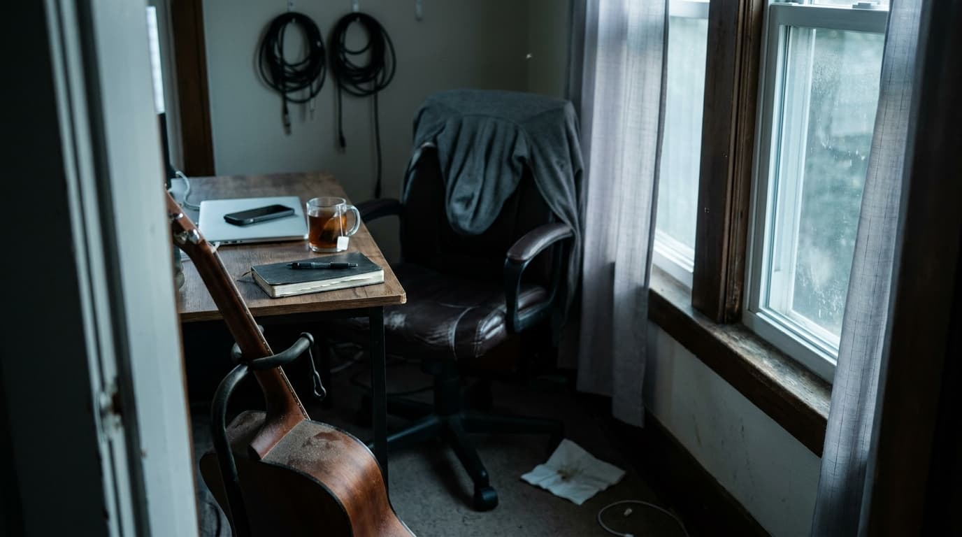 A small home studio at dawn: a guitar on its stand gathering light dust, a closed laptop with a phone face-down on it, a full mug of tea gone cold, a closed notebook, and a hoodie draped over the pushed-back chair.