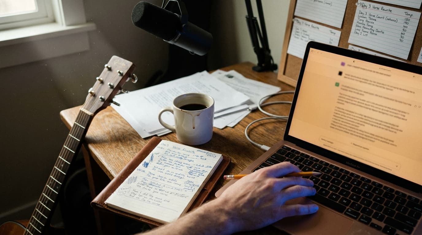 An indie songwriter at a worn oak desk in soft window light: a leather-bound lyric notebook open to a verse with handwritten edits in blue ink and pencil scribbles in the margin, a warm-toned laptop on the right showing a long ChatGPT conversation with highlighted lines, an acoustic guitar leaning against the desk within reach, a half-cold mug of coffee, a Shure SM7B microphone in the background, and a small index-card pinboard listing song titles and tempos.