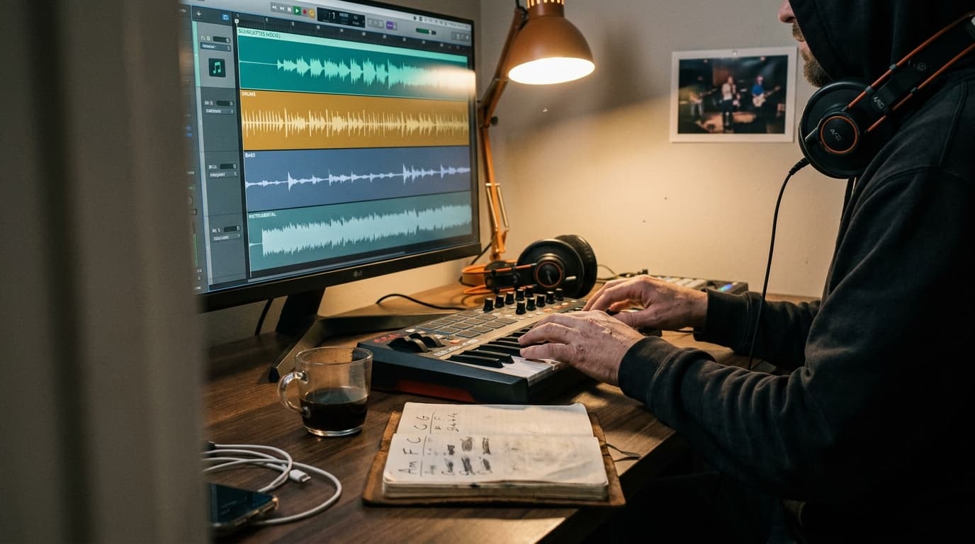 An evening home studio captured at desk height: a producer in a faded black hoodie sits at a walnut desk, hands resting on a MIDI controller, a 27-inch matte display showing a four-lane stem editor with isolated vocal, drum, bass, and instrumental waveforms in soft teal and amber, AKG K712 headphones around the neck, a half-finished mug of black coffee, a notebook open to handwritten chord changes, a framed live show photo on the wall, and a single warm desk lamp throwing amber light across the keyboard.