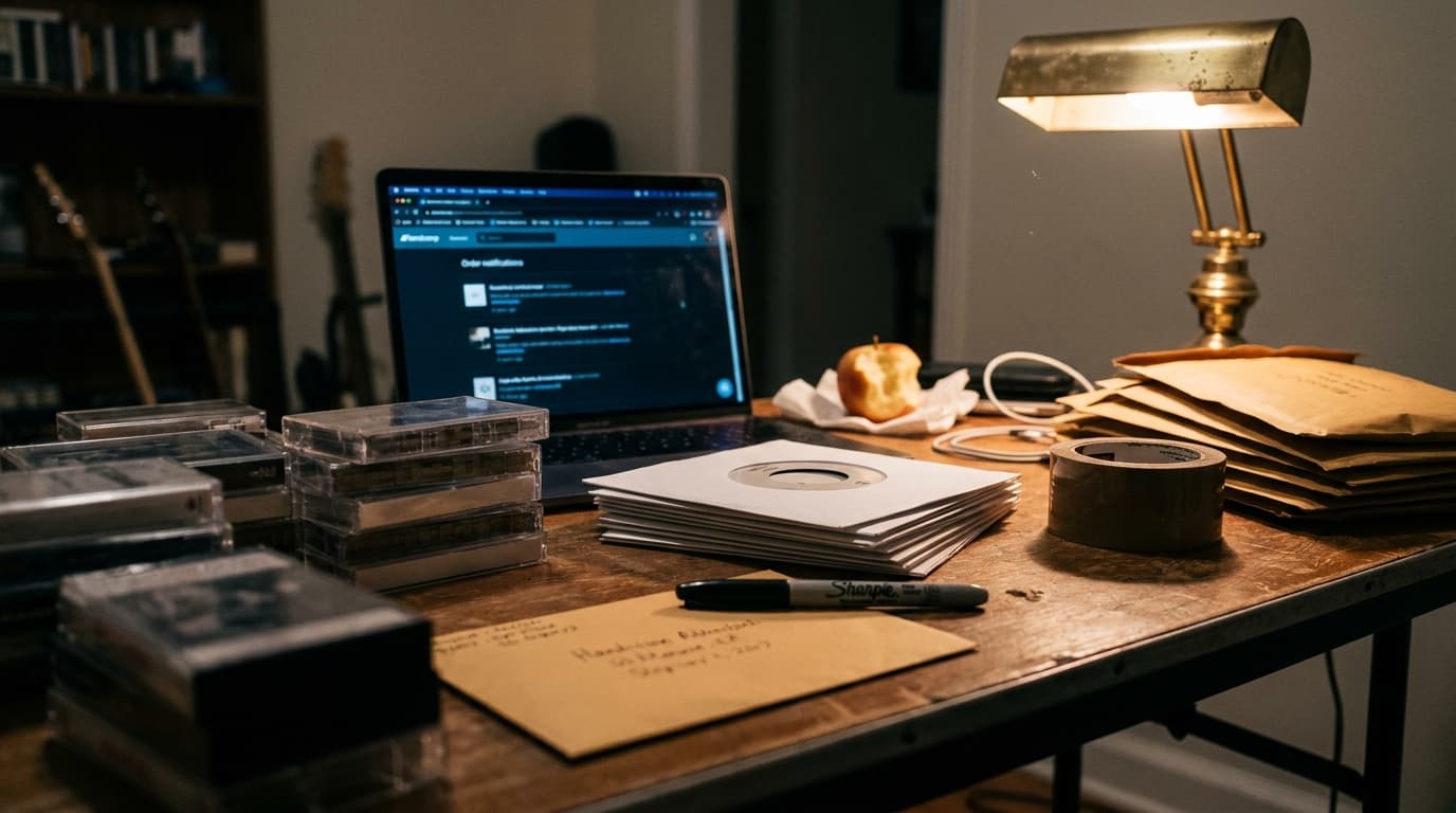 An indie artist's home fulfillment area at night: a small folding table covered in cassette tapes in clear cases, a stack of 7-inch singles in plain sleeves, a roll of brown packing tape, kraft mailers piled to one side, a felt-tip marker resting on a hand-addressed envelope, and an open laptop showing a Bandcamp dashboard with sales notifications, all lit by a single warm desk lamp throwing amber light across the wood.