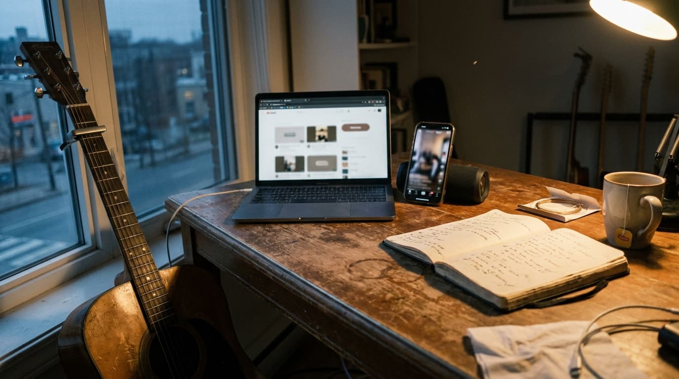 A musician's desk at dusk with a laptop showing a blurred channel page and subscribe button shape, a phone with a vertical video, a notebook listing upcoming releases and a guitar leaning against the desk.