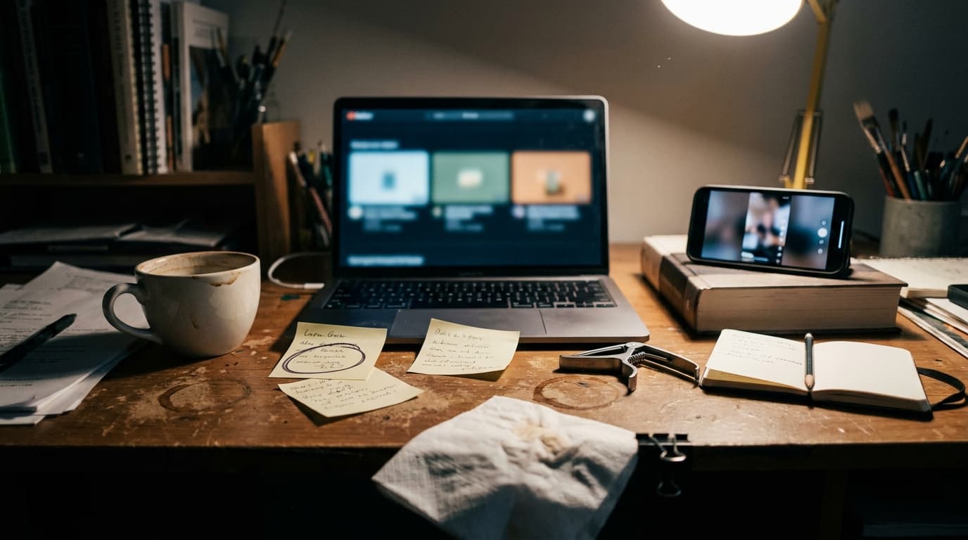 An artist's desk with a laptop showing three blurred thumbnail options side by side, a phone playing a vertical clip, sticky notes with handwritten titles and a cup of coffee in warm lamp light.