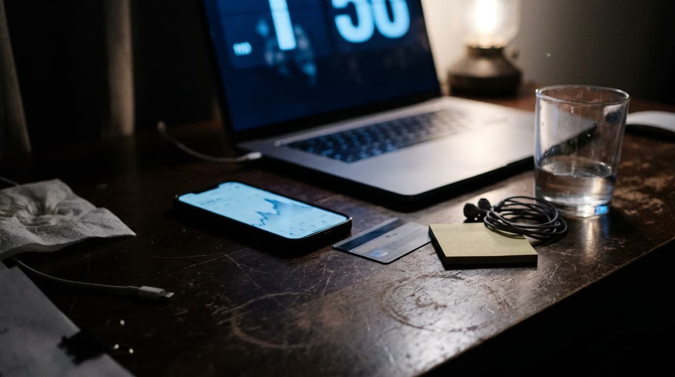 A dark desk at night with a laptop showing a large blurred number, a phone with a rising graph, a payment card, a blank sticky note pad, earbuds and a glass of water.
