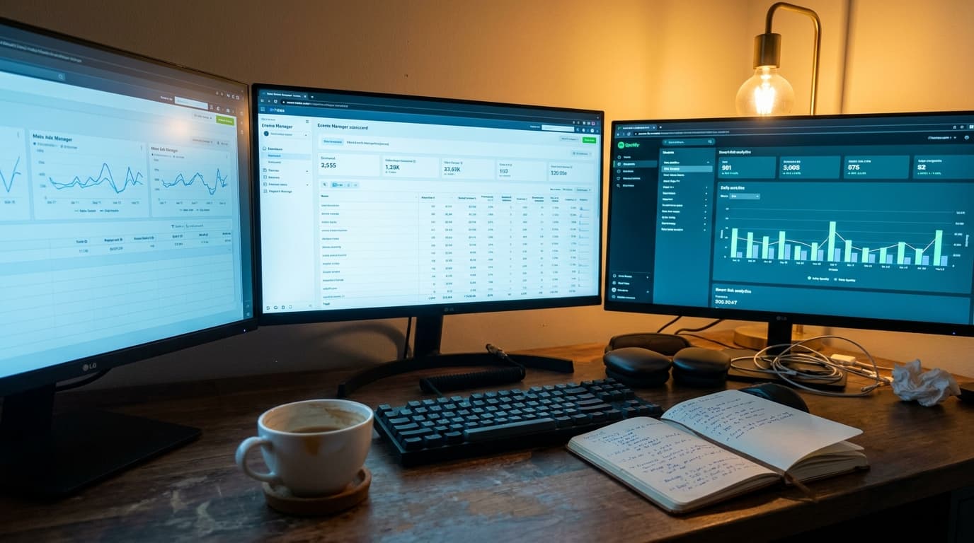 Editorial photo of a music marketing analyst's desk at dusk: three calibrated monitors arranged in a shallow arc, the left screen showing Meta Ads Manager campaign breakdowns, the center screen displaying Meta Events Manager with a live event-quality scorecard, and the right screen showing a smart-link analytics dashboard with daily Spotify save and click counts; matte mechanical keyboard, a half-drunk americano on a coaster, a moleskine open to handwritten attribution notes, only chrome silhouettes of headphones and a phone, warm desk lamp casting amber light across a charcoal walnut desk.