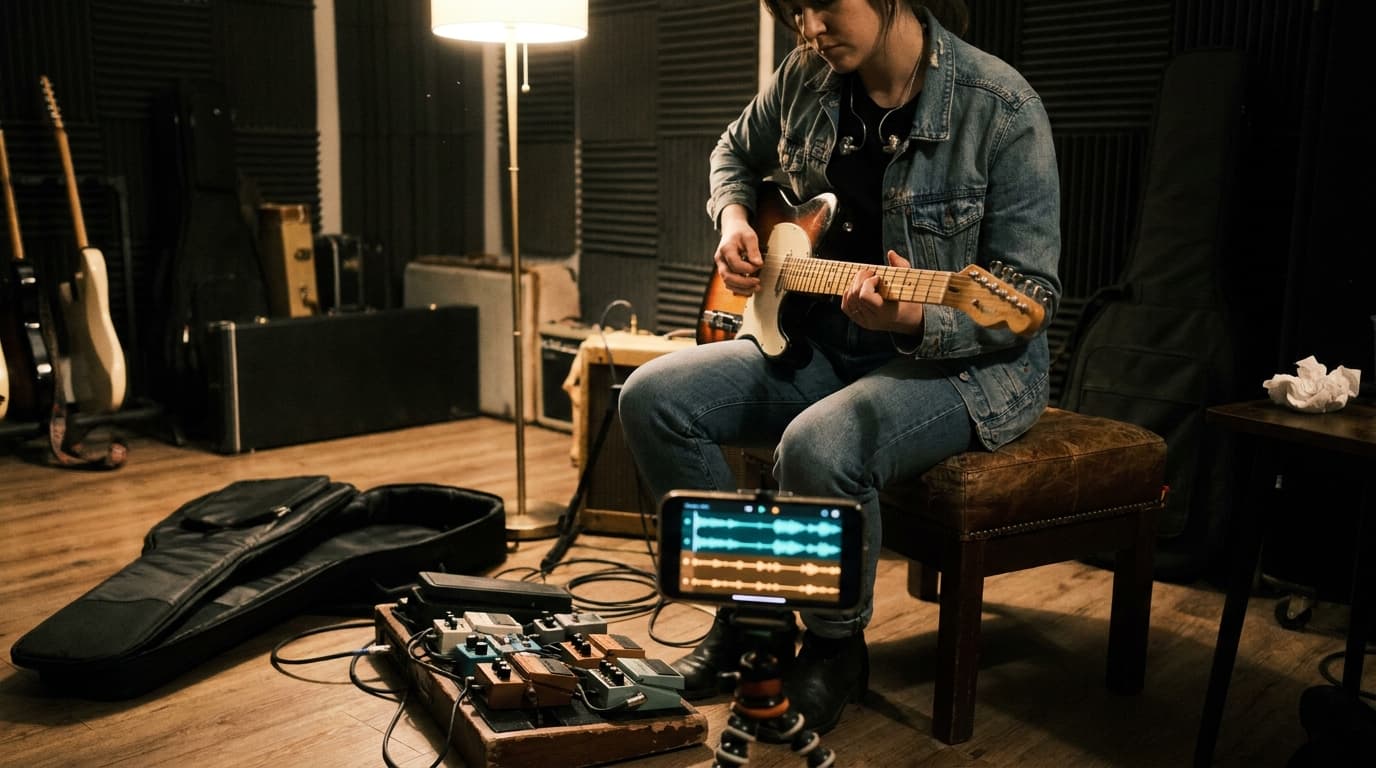 A guitarist practicing along to a phone running a stem separation app, isolated waveforms visible on screen, guitar in lap and studio monitors on the desk in soft evening light.