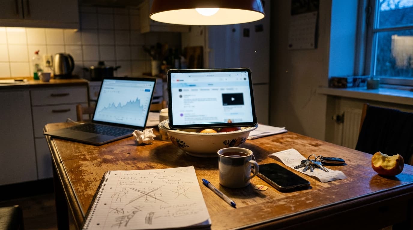 A kitchen table at dusk with a tablet showing a blurred website with an embedded video player, a laptop with a soft-focus analytics chart, a notebook of crossed-out figures and a cup of tea.