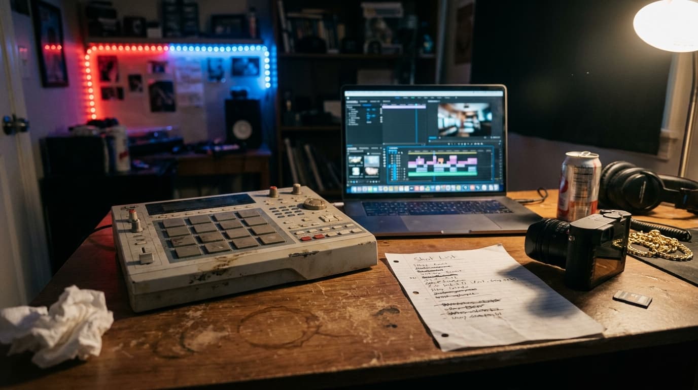 A bedroom studio desk under red and blue LED light with a worn drum pad controller, a laptop showing a video editing timeline, a camera, a handwritten shot list, headphones and a gold chain prop.
