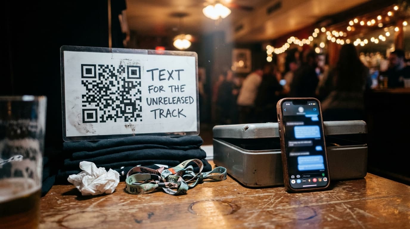 A merch table at a small venue: a laminated sign with a large QR code hand-lettered TEXT FOR THE UNRELEASED TRACK, a phone showing a text thread, a metal cash box, folded shirts, festival wristbands and a crumpled napkin under warm string lights.