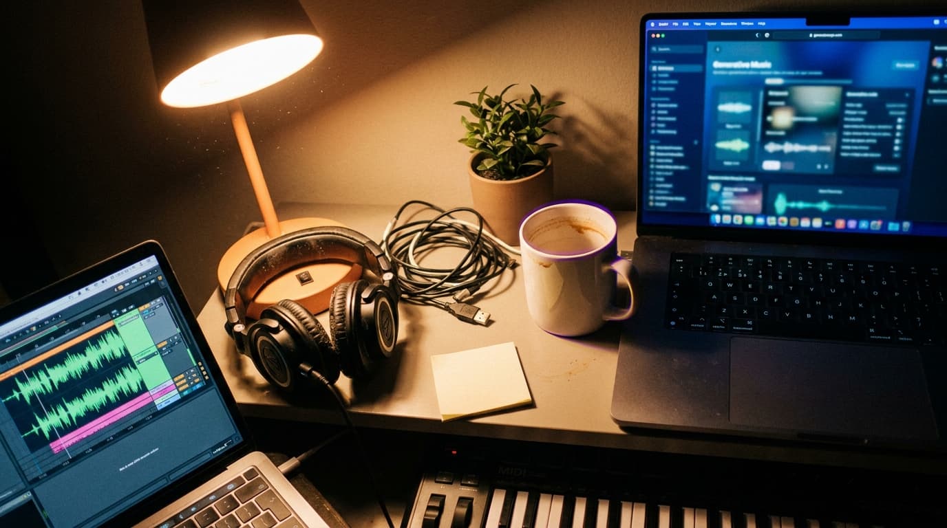 A weathered home-studio desk lit by a single warm lamp — a condenser mic on a boom arm, an open laptop showing a waveform, scattered handwritten lyric sheets, and a coffee mug, with one earbud cable trailing off the edge.