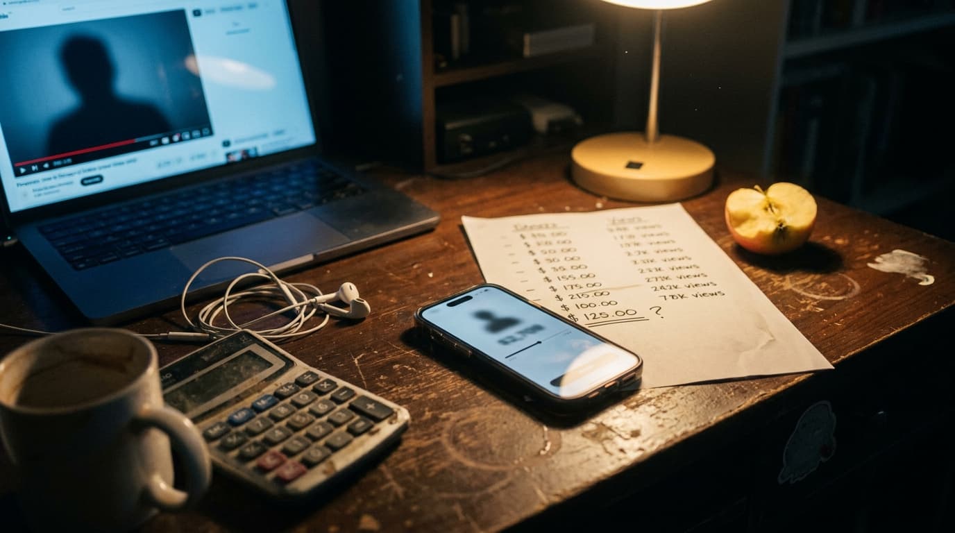 A dark wooden desk at night with a phone showing a blurred checkout slider, a handwritten list of dollar amounts and view counts with one line underlined, a calculator, wired earbuds and a laptop playing a video.