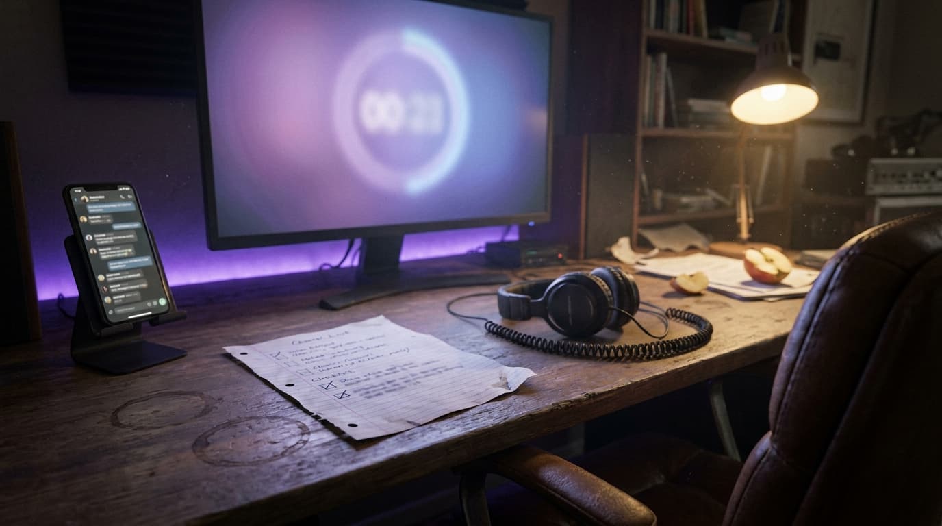 A small home studio at night with a monitor showing a blurred countdown screen, a phone with a scrolling chat, a handwritten release-day checklist with times, headphones and a coiled cable on the desk.