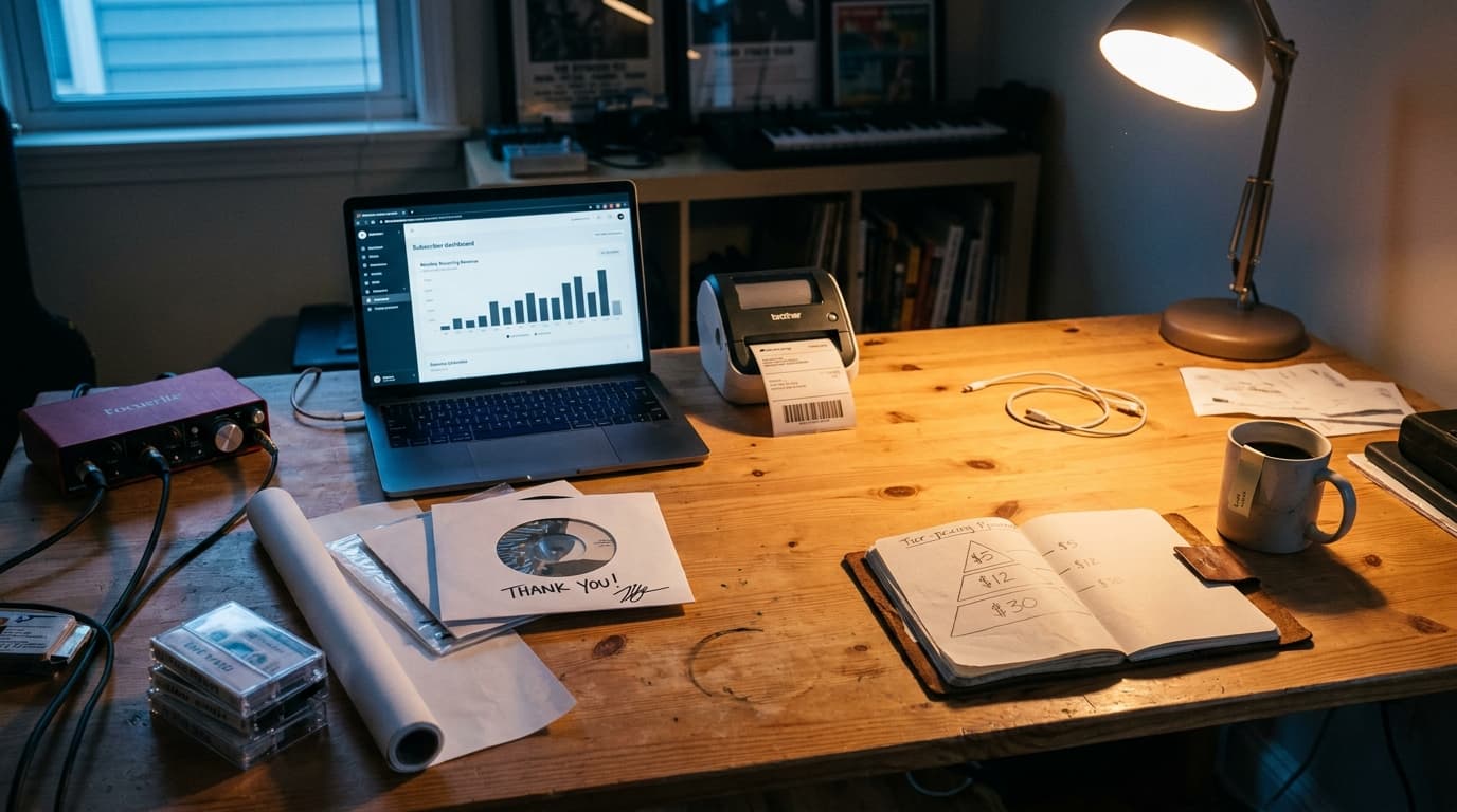 An indie musician's late-night home studio doubling as a fulfillment room: a Focusrite interface and an open laptop showing a subscriber list with monthly recurring revenue totals, a small stack of hand-numbered cassette tapes and signed 7-inch sleeves on a packing-paper roll, a mailing label printer with a half-printed Bandcamp shipping address, a notebook open to a tier-pricing sketch in pencil, a half-cold mug of coffee, and a single warm desk lamp casting amber light across a worn pine desk.
