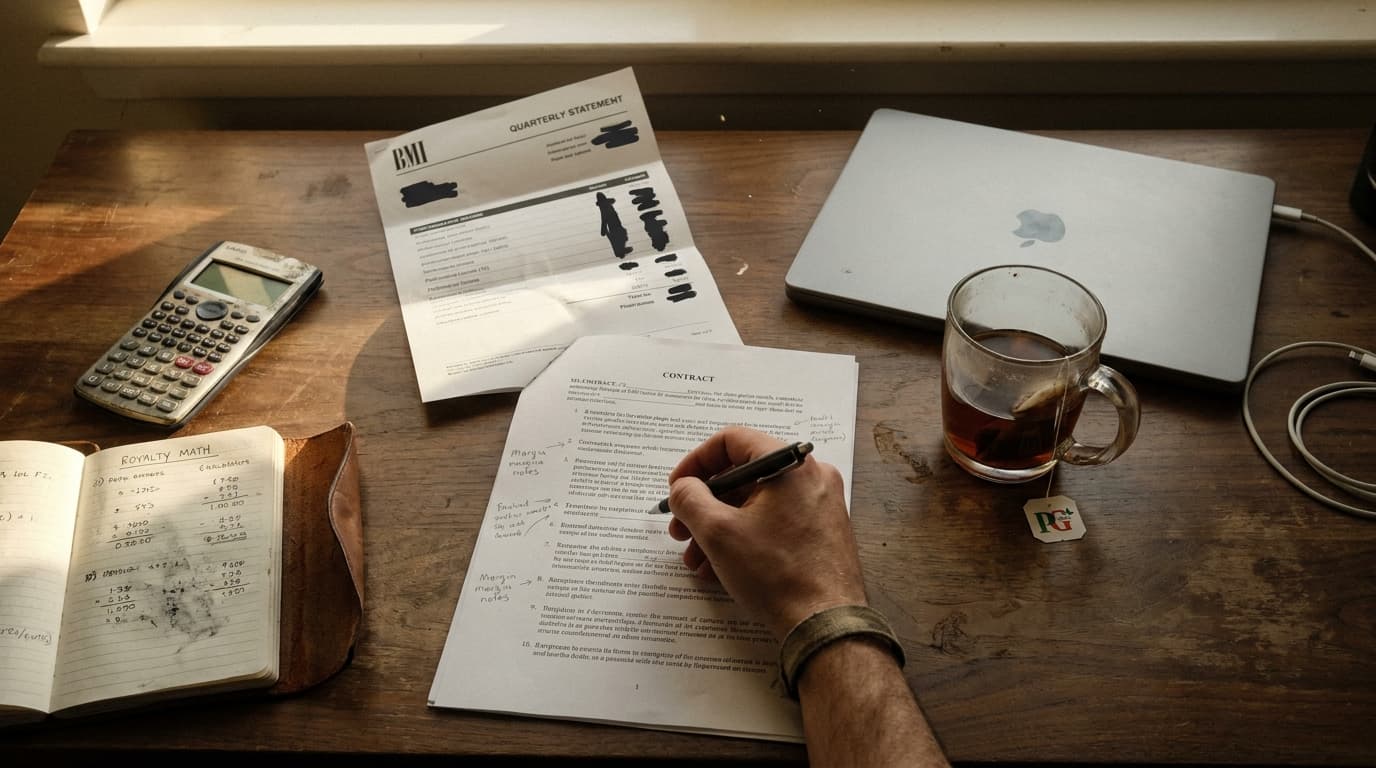 An independent artist seated at a warm-toned walnut desk in late afternoon light, pen hovering over a multi-page contract, a calculator and a leather notebook open to handwritten royalty math, an unfolded BMI quarterly statement showing performance income line items, a half-empty mug of tea, and a closed laptop pushed to the side: the moment between reading the term sheet and signing the advance.
