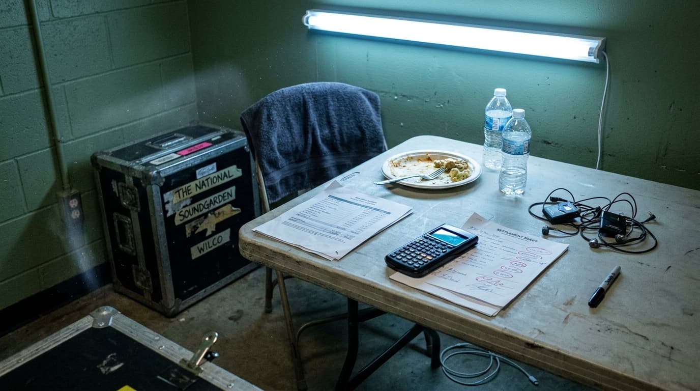 A backstage green room at the end of a show: a settlement sheet on a folding table next to a scientific calculator, a dog-eared printout of the night's box office, a half-eaten plate of catering with a fork resting across it, a sweat-soaked towel draped over a chair, a black ATA road case in the corner with stage tape labels peeling at the edges, two empty water bottles, a Sharpie, a pair of in-ear monitor packs, and a single overhead fluorescent strip casting flat blue-white light across the entire scene.