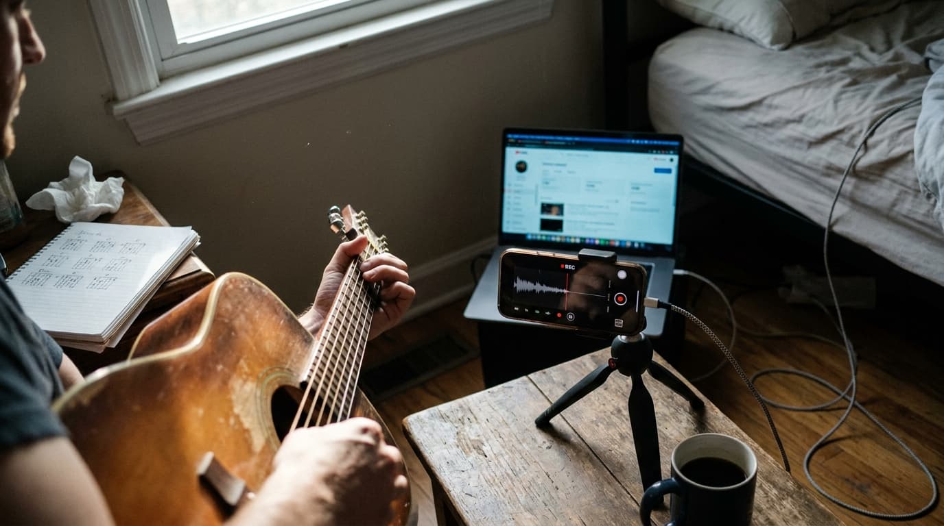 Indie musician reviewing YouTube Studio analytics dashboard showing Shorts RPM, Creator Pool revenue split, and 1 million view payout calculation on a laptop screen with notebook math nearby.