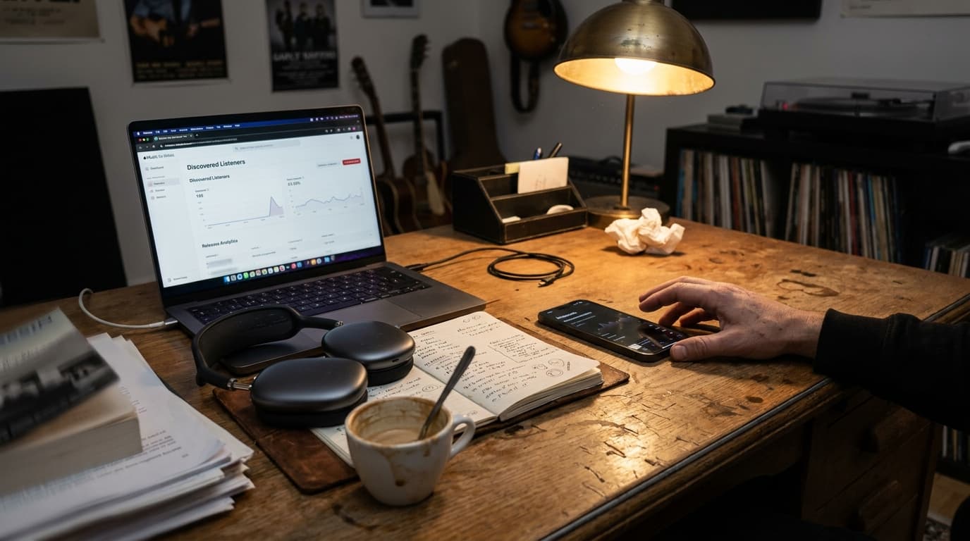 An indie artist's late night workspace with an iPhone showing the Apple Music for Artists dashboard open to the Discovered Listeners panel, a MacBook Pro displaying Shazam tag analytics in a browser tab, AirPods Max resting on a leather notebook with handwritten release notes, a half drunk cortado, and a single warm desk lamp casting amber light across worn oak.