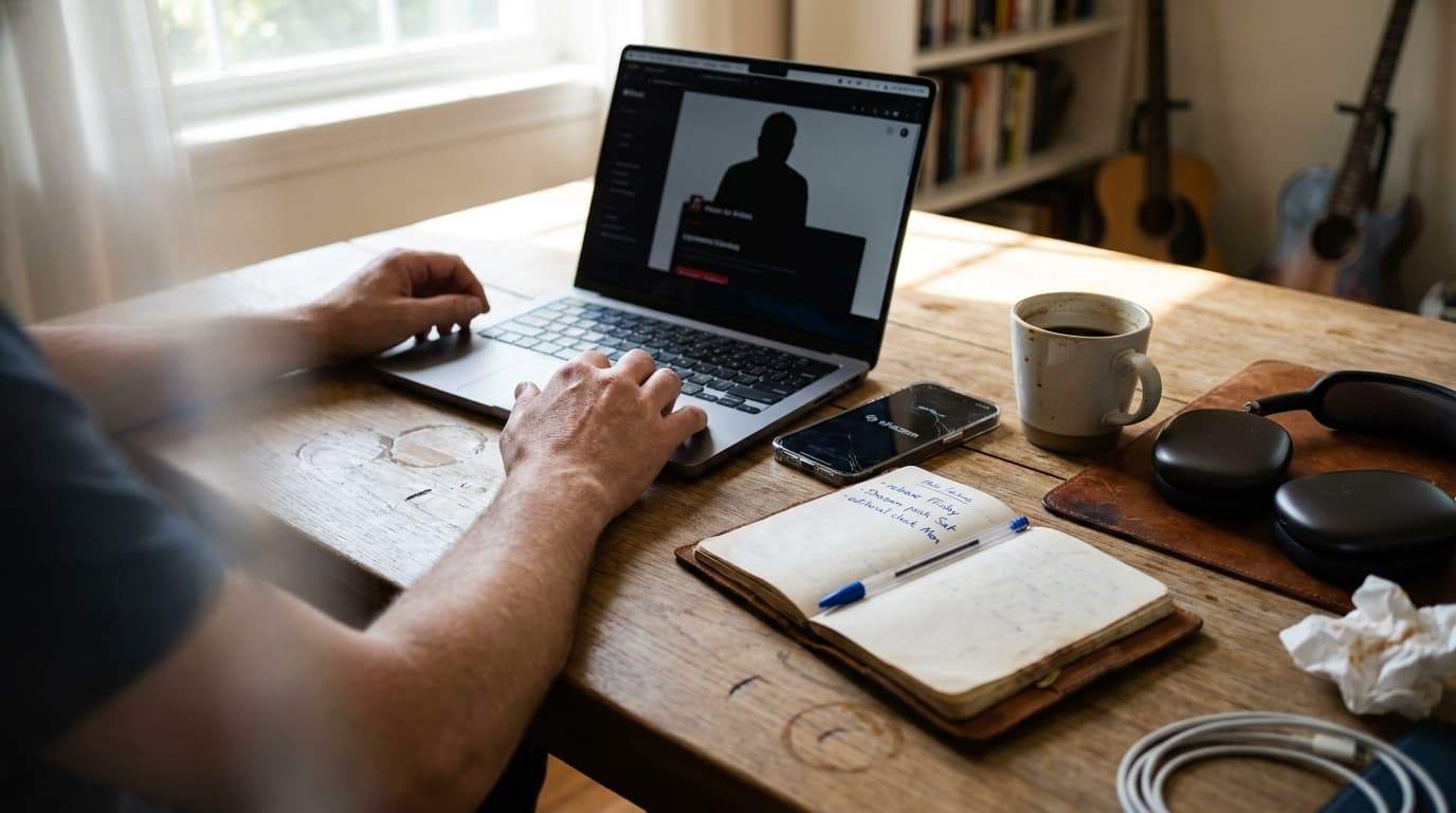 An independent artist sits at a sunlit oak desk reviewing the Apple Music for Artists dashboard on a 14-inch MacBook Pro, with the iPhone Apple Music for Artists app open beside it showing a Shazam discovery spike, a notebook with handwritten release-week milestones, a half-finished cup of black coffee, AirPods Max resting on a leather mat, and soft natural morning light pouring through a window onto the warm grain of the desk.