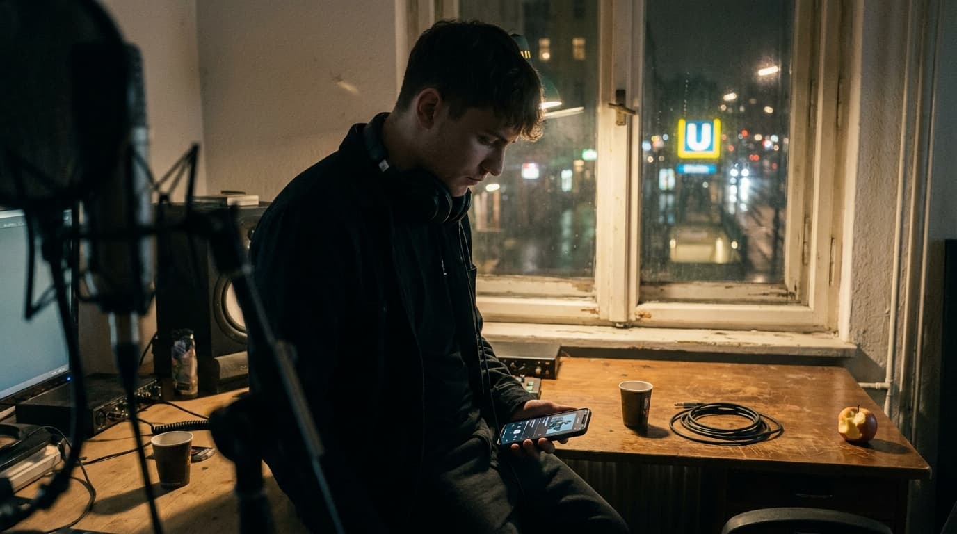 A young rapper in a Berlin home studio at night checking a streaming app on his phone, headphones around his neck, a U-Bahn station sign and rainy street glowing through the window behind him.