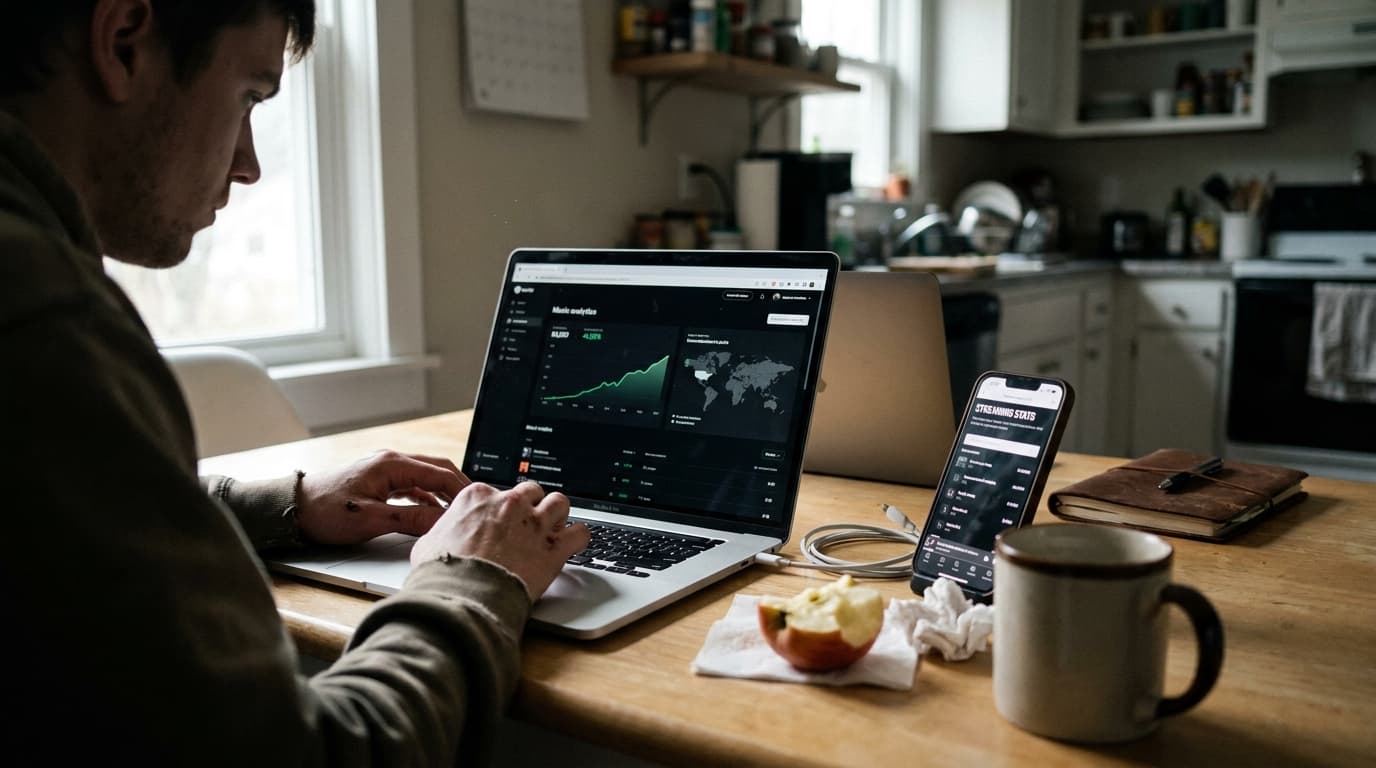 An artist's home workspace with a laptop showing a campaign dashboard as a soft-focus silhouette, a phone with a music app, headphones and a wall calendar with circled launch dates.