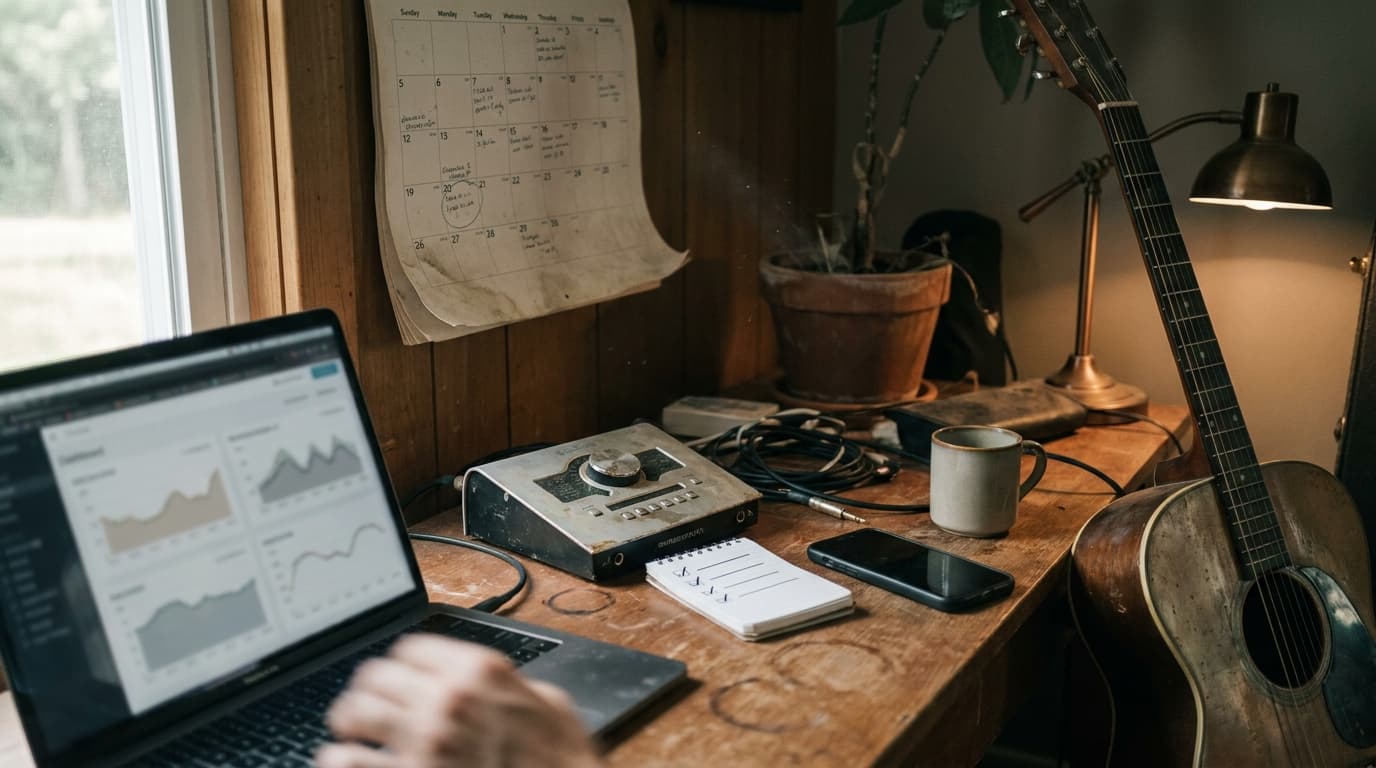 A home studio corner in morning light: a wall calendar with circled Fridays above a desk with a laptop showing soft line charts, an audio interface, a checklist notebook and an acoustic guitar.