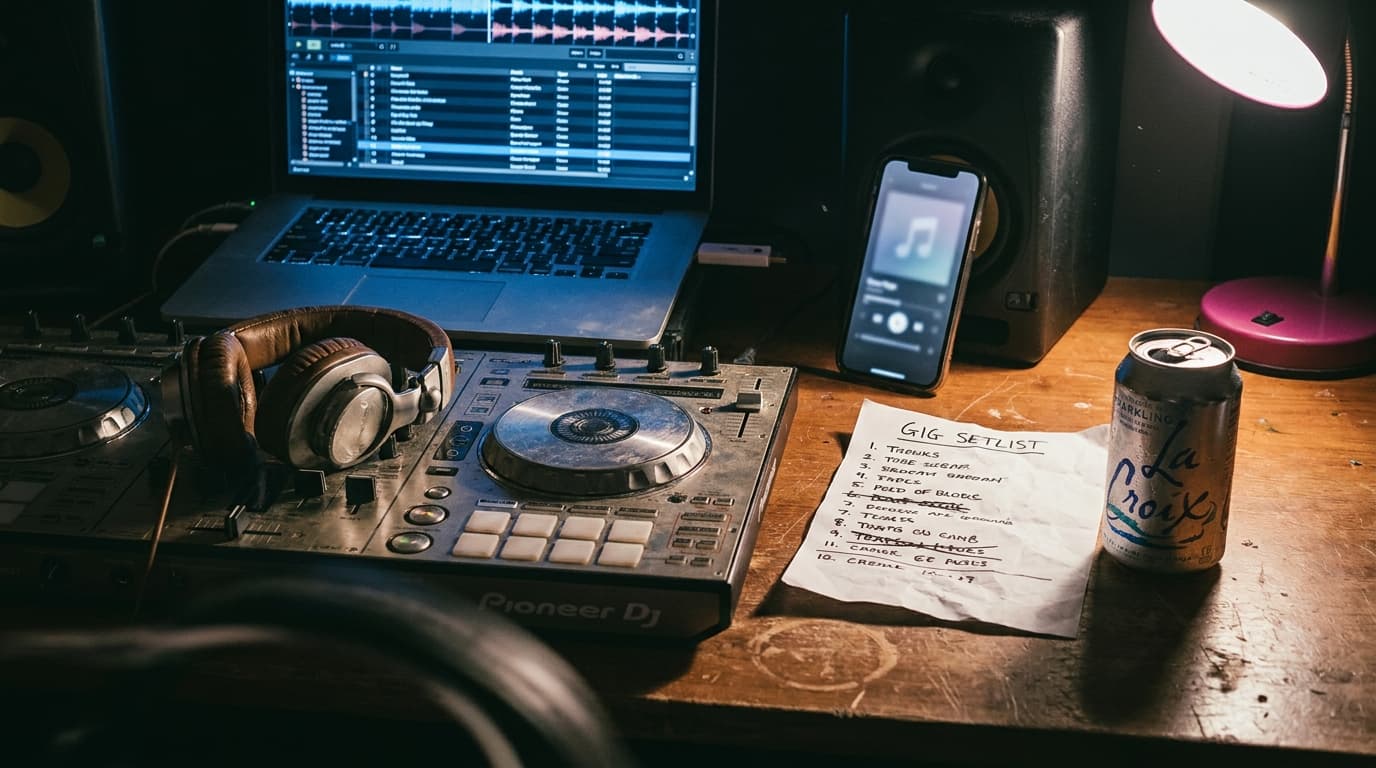A DJ desk at night: a Pioneer controller with headphones resting on it, a laptop showing a DJ library with waveforms, a phone propped against a studio monitor playing a music app, a handwritten gig setlist with two tracks crossed out and a sparkling water can.