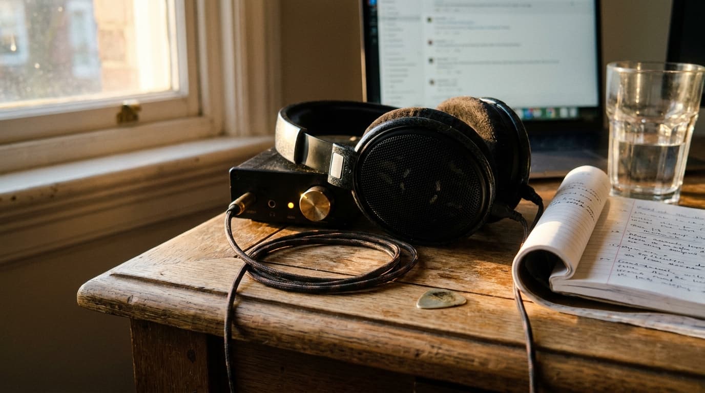 Open-back wired studio headphones on a weathered oak desk, coiled cable running to a brass-knobbed headphone amp and a USB DAC with an amber LED, handwritten notes and a glass of water in warm window light.