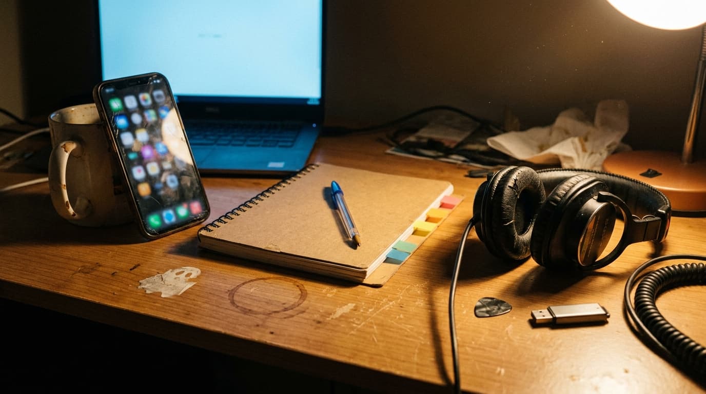 A home studio desk under a warm lamp: a closed spiral notebook with coloured sticky tabs and a ballpoint pen, a phone propped on a chipped mug, worn studio headphones, a guitar pick and a USB stick.