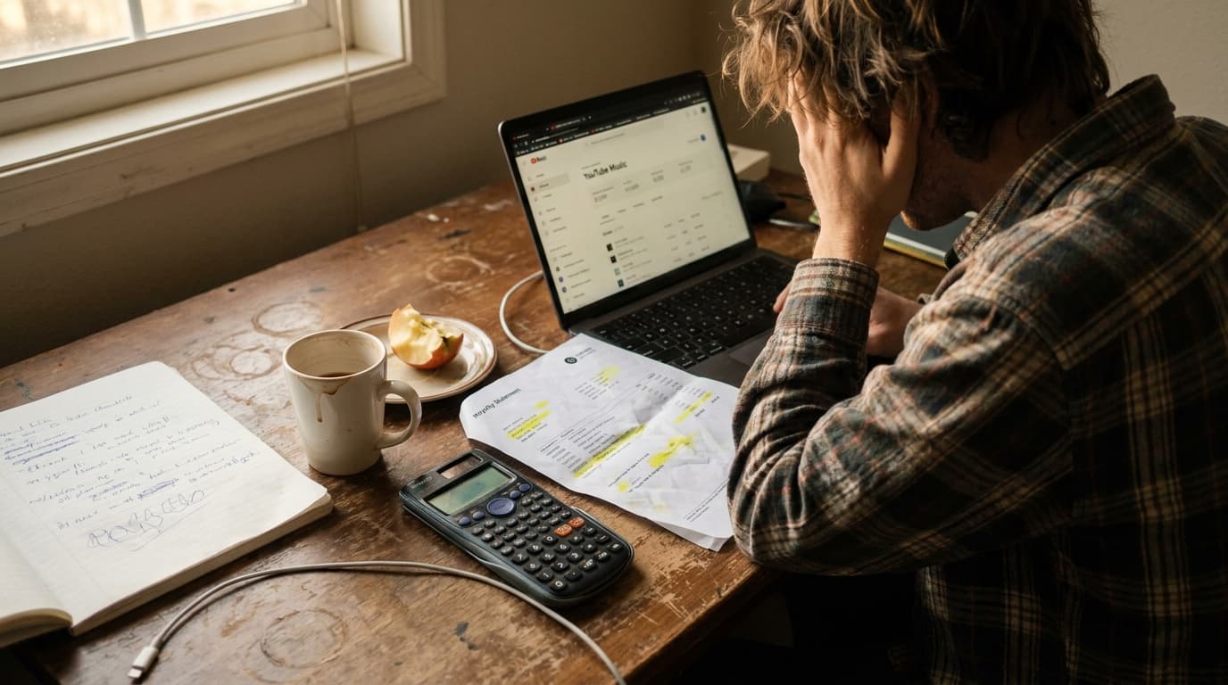 Editorial photo of an indie artist seated at a wooden desk reviewing the YouTube Music for Artists dashboard on a laptop, a printed royalty statement laid alongside with line items highlighted in yellow, a Casio calculator at the corner, a half-full coffee cup, and a softly lit notebook with handwritten margin notes, all under warm afternoon window light.