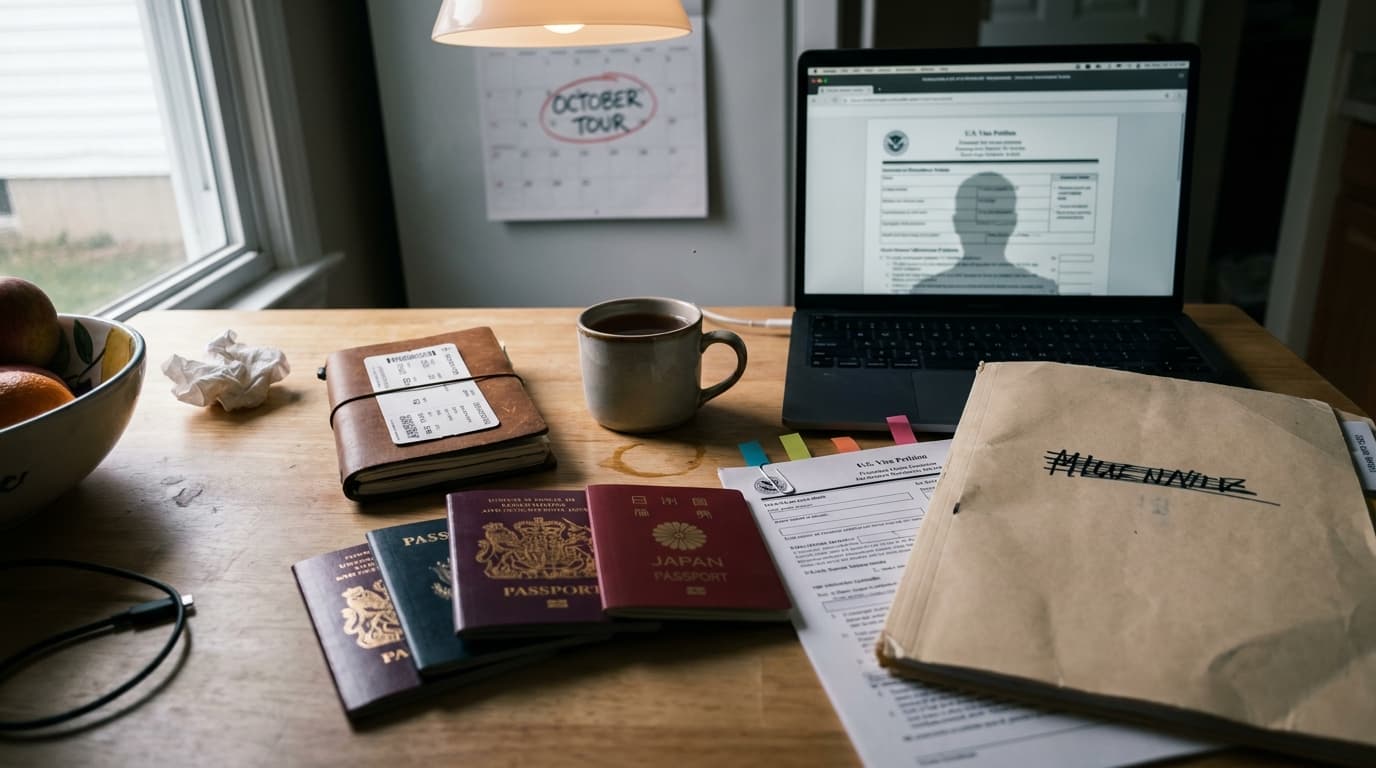 A kitchen table covered in visa paperwork: four passports from different countries fanned in a stack, a printed petition with sticky flags, a hand-labeled folder, a laptop showing a government form, and an October tour month circled on the wall calendar behind.