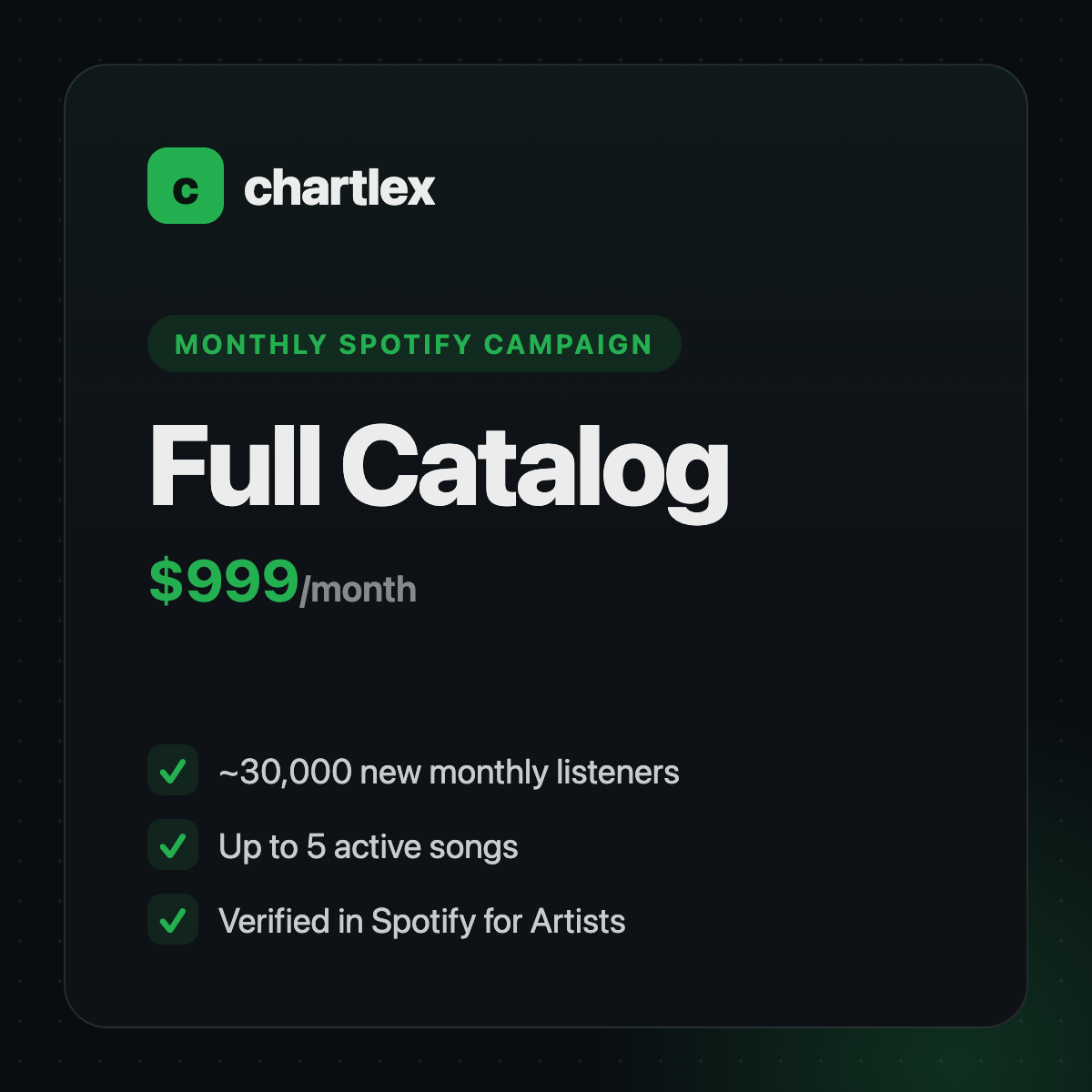 Chartlex Full Catalog plan — monthly Spotify campaign