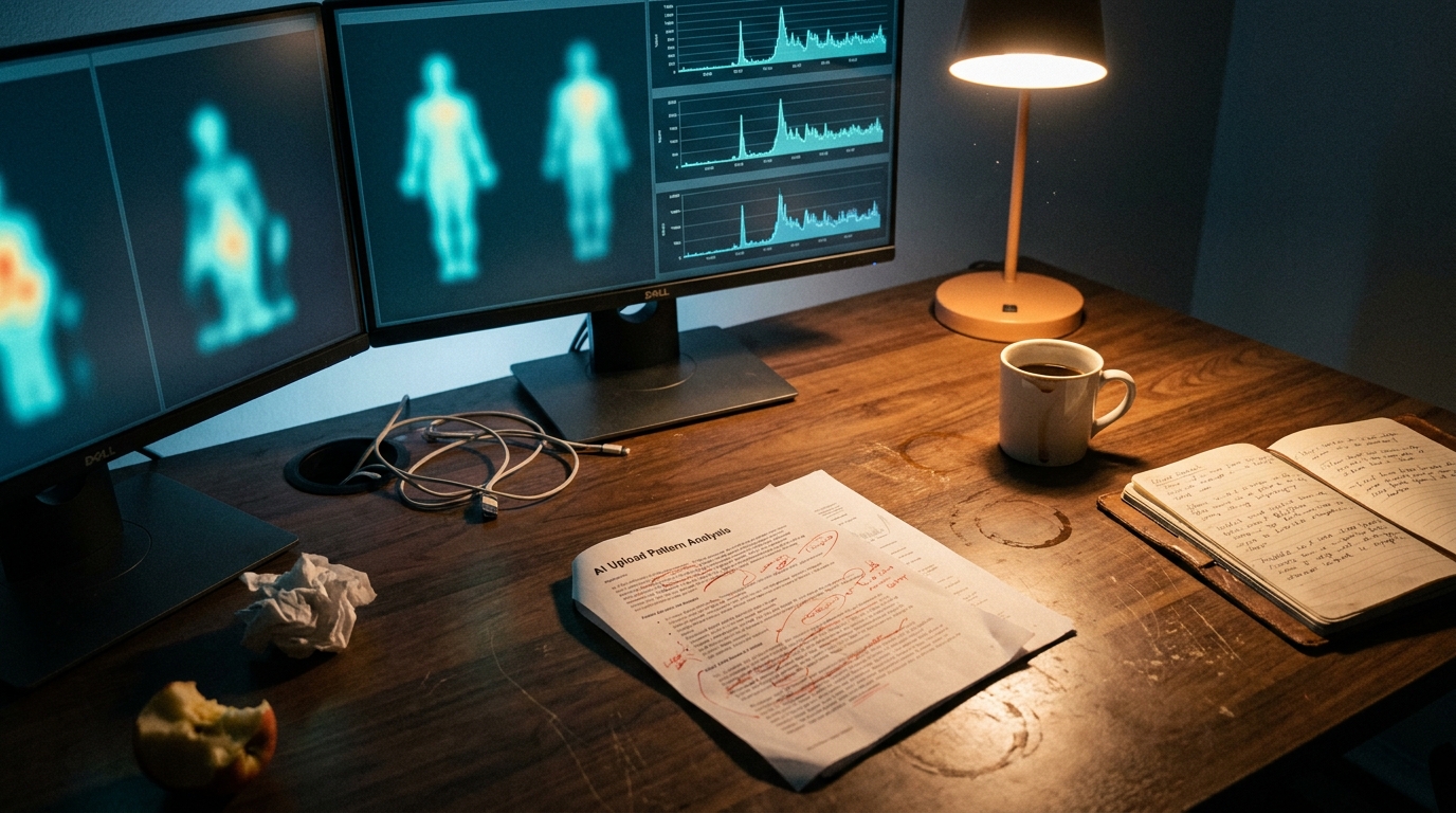 Trust-and-safety analyst desk at night, three monitors showing anomaly detection dashboards (chrome-only silhouettes never legible), a printed AI detection report annotated in red pen, a worn leather notebook, half-finished coffee, a single warm desk lamp casting amber light across a walnut desk.