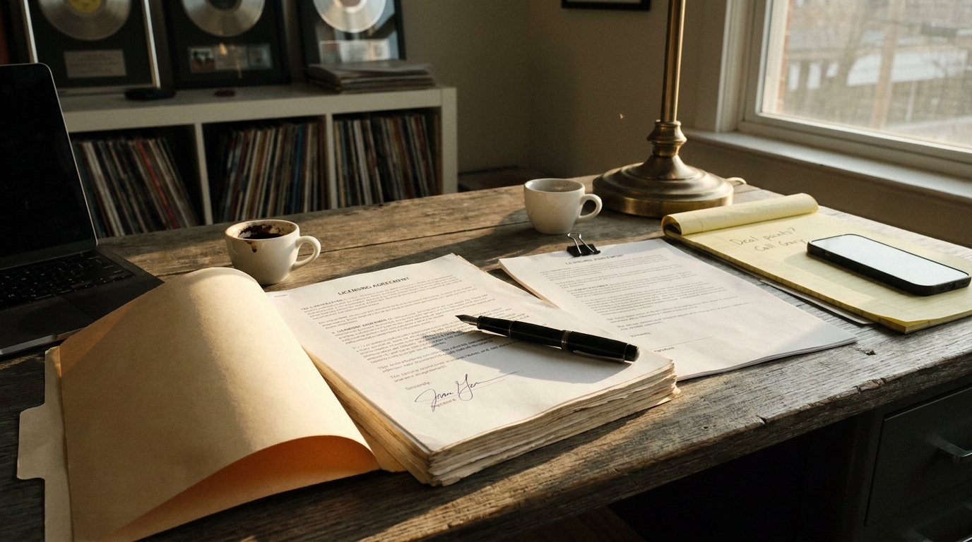 A label business-affairs desk after a contract signing: a thick licensing agreement open to a freshly signed signature page with an uncapped fountain pen across it, a second bound copy, espresso cups, and shelves of vinyl and awards blurred behind.