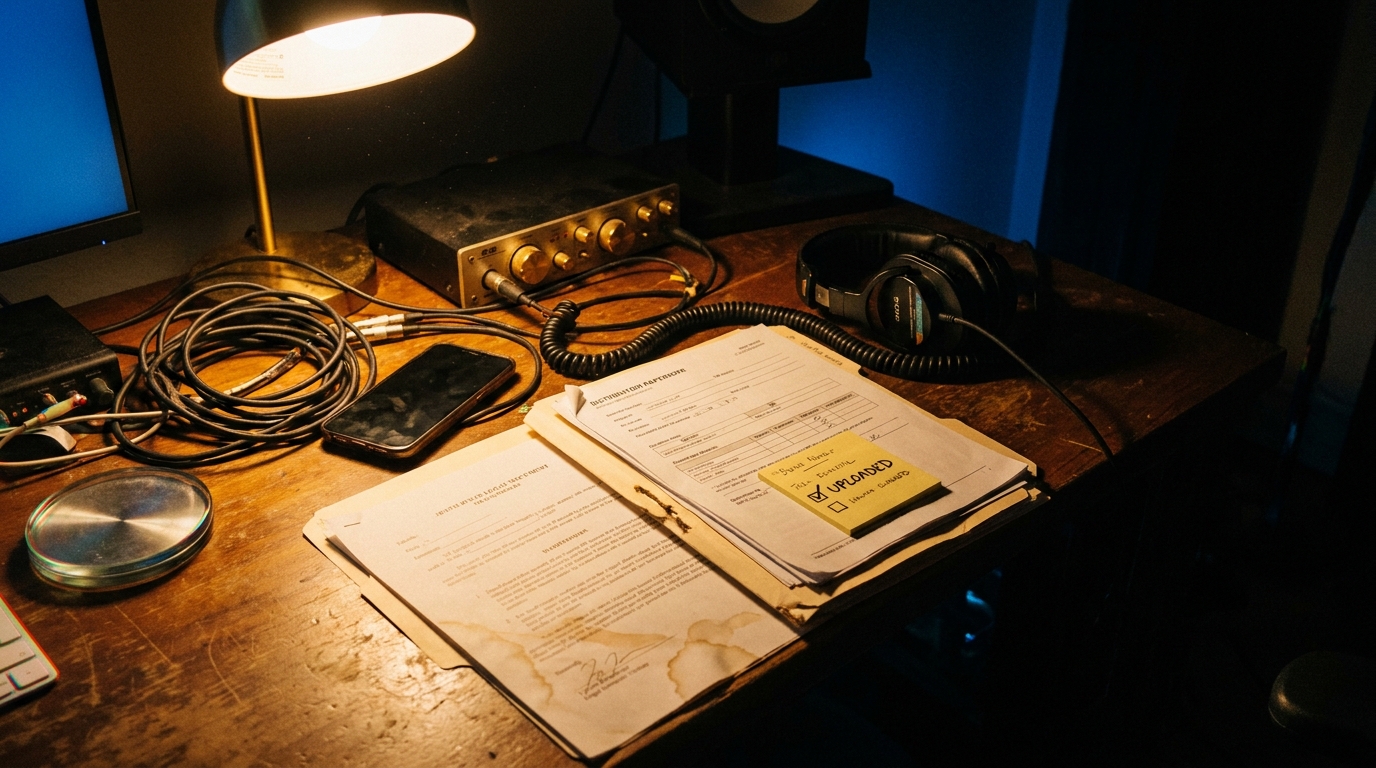 An independent musician's night-time home studio desk: an open folder of distribution paperwork with a checkbox form, a brass-knobbed audio interface, headphones on weathered wood, and a coffee-stained legal printout under a single warm lamp.