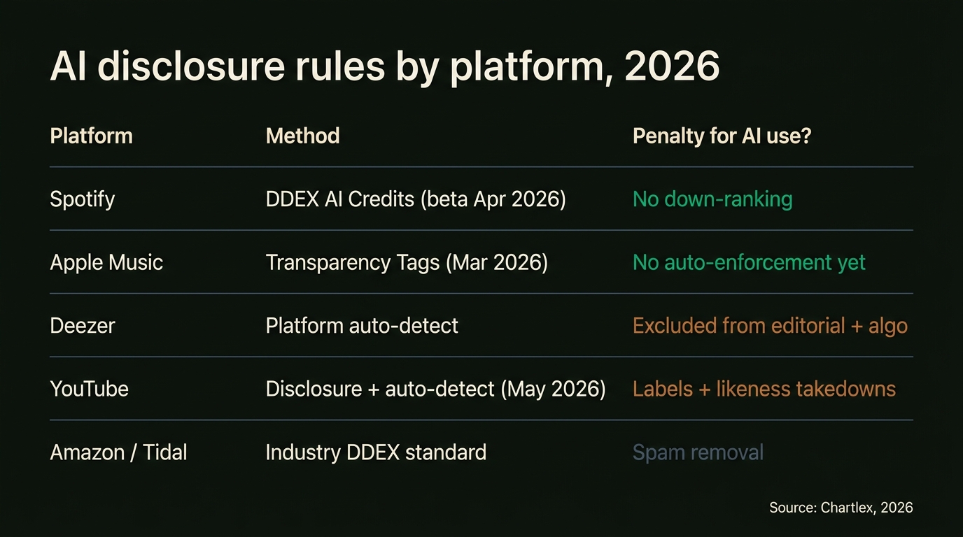 Comparison table of AI disclosure rules by platform in 2026: Spotify uses DDEX AI Credits (beta Apr 2026, no down-ranking), Apple Music uses Transparency Tags (Mar 2026, no auto-enforcement yet), Deezer auto-detects and excludes from editorial and algo, YouTube uses disclosure plus auto-detection from May 2026 with likeness takedowns, and Amazon/Tidal follow the industry DDEX standard with spam removal.