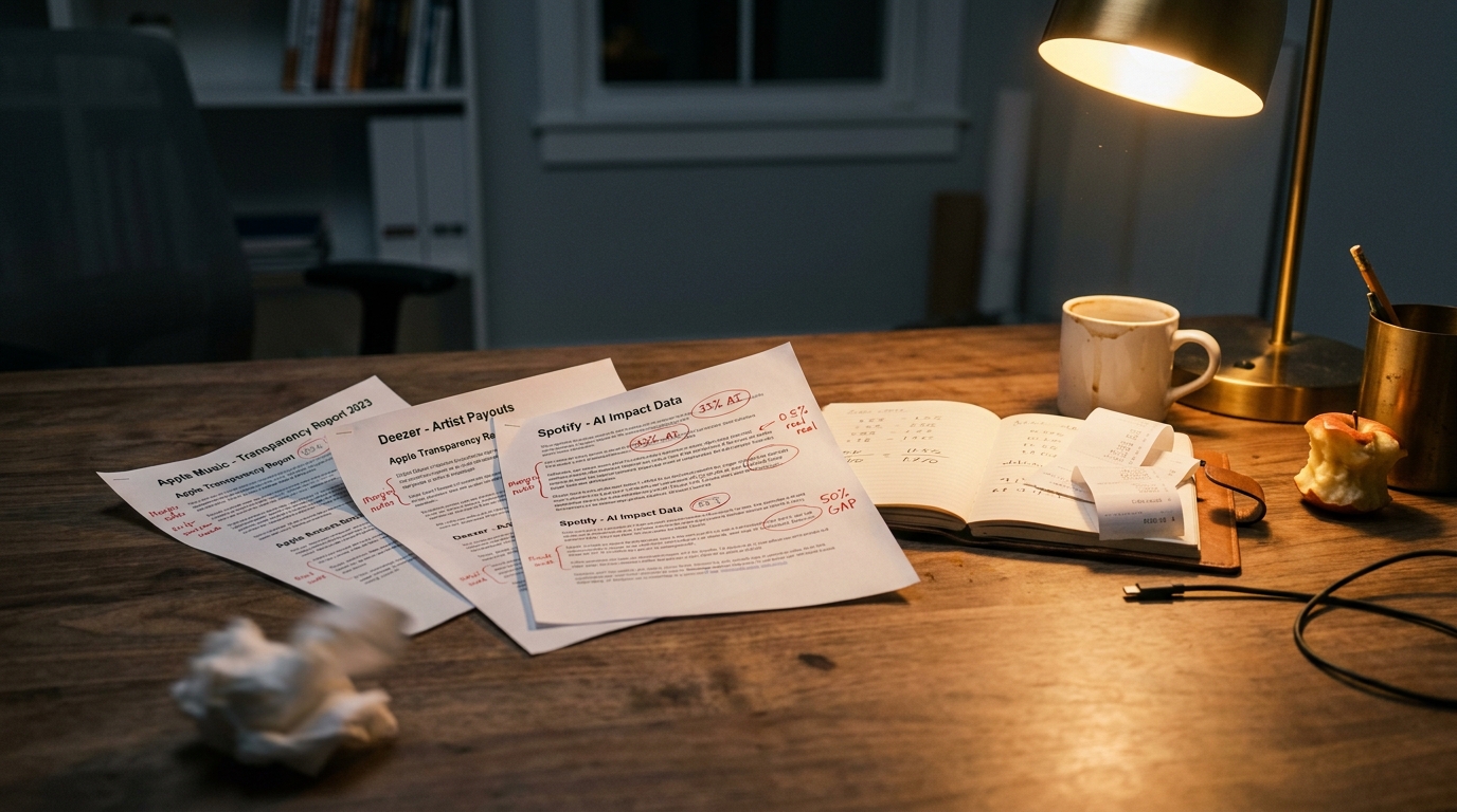 An analyst's desk at midnight: printed transparency reports from Apple, Deezer, and Spotify fanned across a walnut surface, red-pen margin notes circling key percentages, an open notebook with handwritten ratios and calculator output, a half-empty mug of coffee, and a single warm desk lamp casting amber light across the pages.