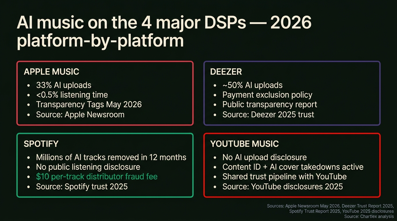 Side-by-side platform comparison panel showing four major DSPs in 2026: Apple Music with 33 percent AI uploads and under 0.5 percent AI listening, Deezer with approximately 50 percent AI uploads and small fraction AI listening with payment exclusion policy, Spotify with millions of AI tracks removed in 12 months and no public listening disclosure, YouTube Music with no AI upload disclosure and AI cover takedowns active, rendered as a clean 2x2 information card grid with platform logos in monochrome and key statistics in green and slate