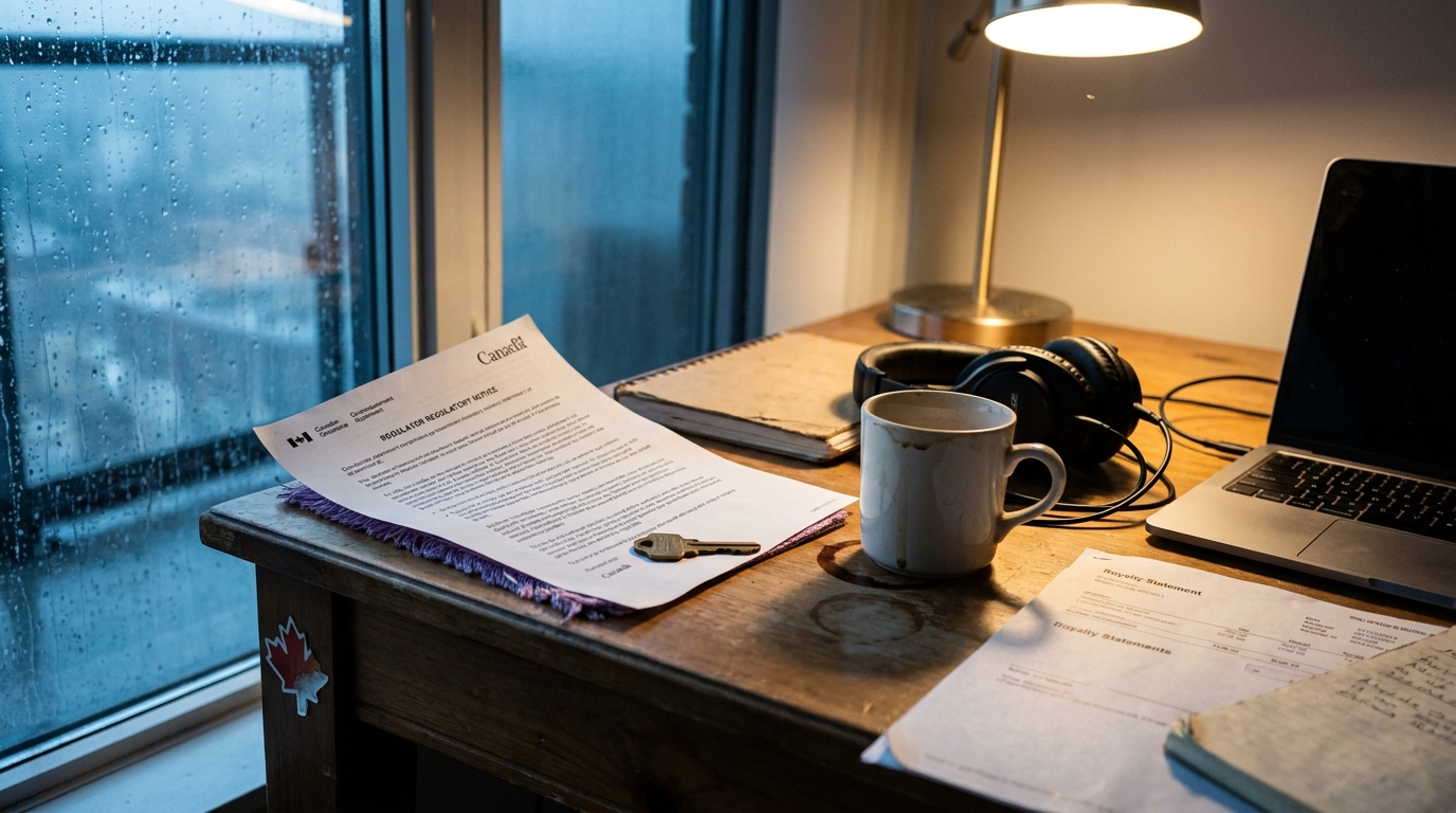 A rain-streaked window beside a home-studio desk holding a curled Canadian regulatory notice pinned by a brass key, a coffee mug ring stain, tangled headphones, and scattered royalty statements at dusk.
