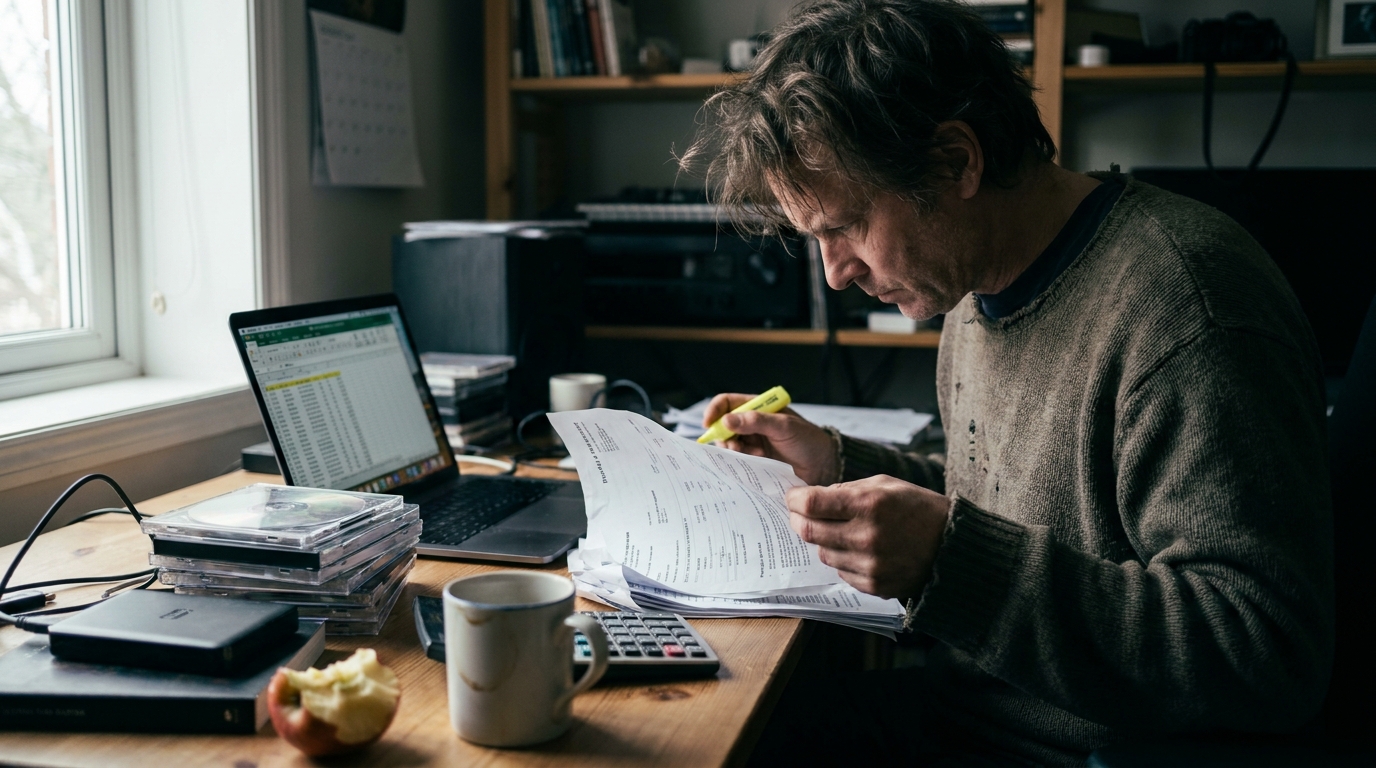 An independent artist at a kitchen table reading a printed distribution agreement with a magnifying glass beside a laptop and calculator, one clause highlighted in yellow, in soft afternoon window light.